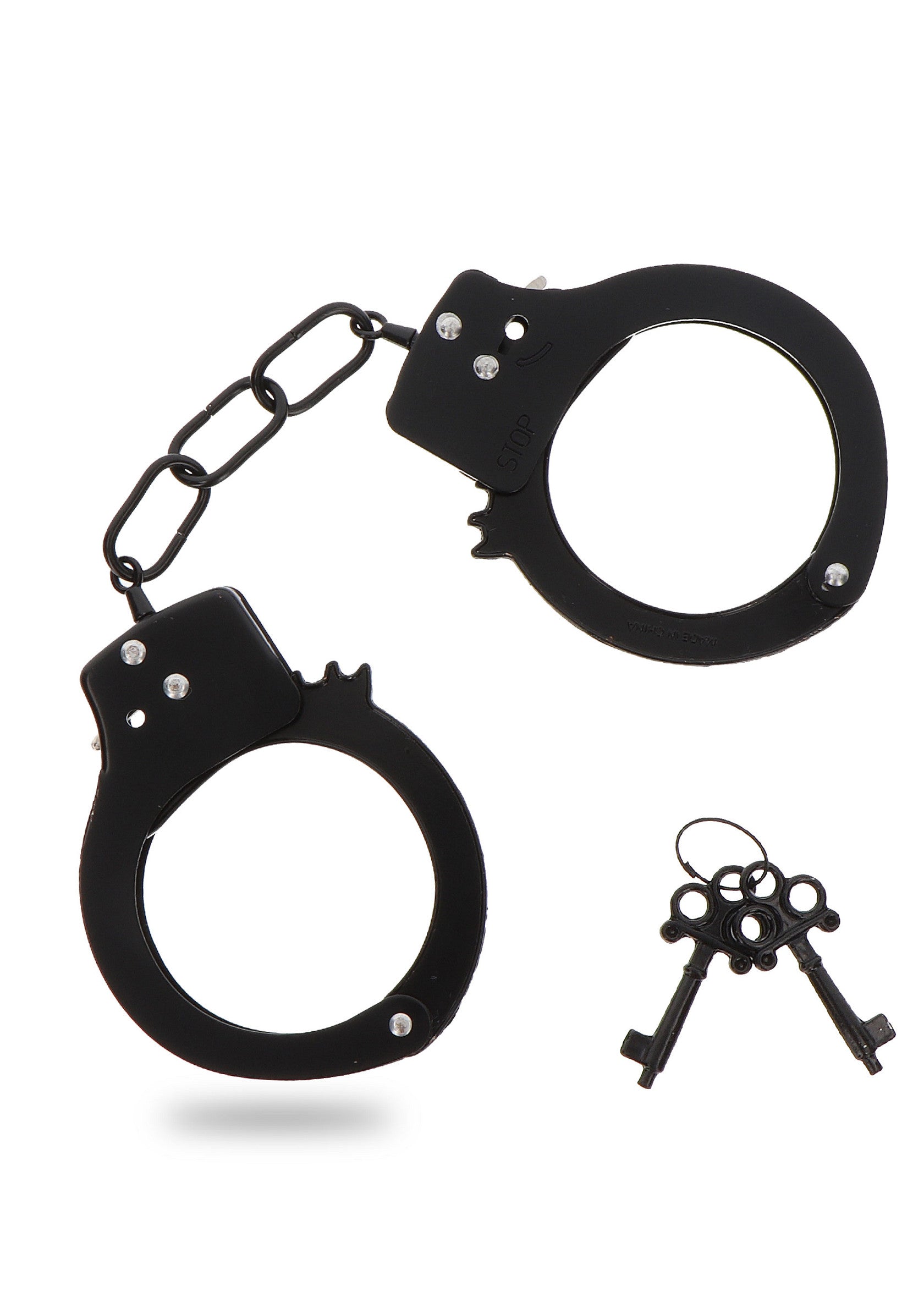 Menottes noires avec clés pour jeux coquins. Découvrez notre collection de jouets adultes.; Zwarte handboeien met sleutels voor ondeugende spelletjes. Ontdek onze collectie volwassen speeltjes.; Black handcuffs with keys for kinky games. Discover our adult toys collection.