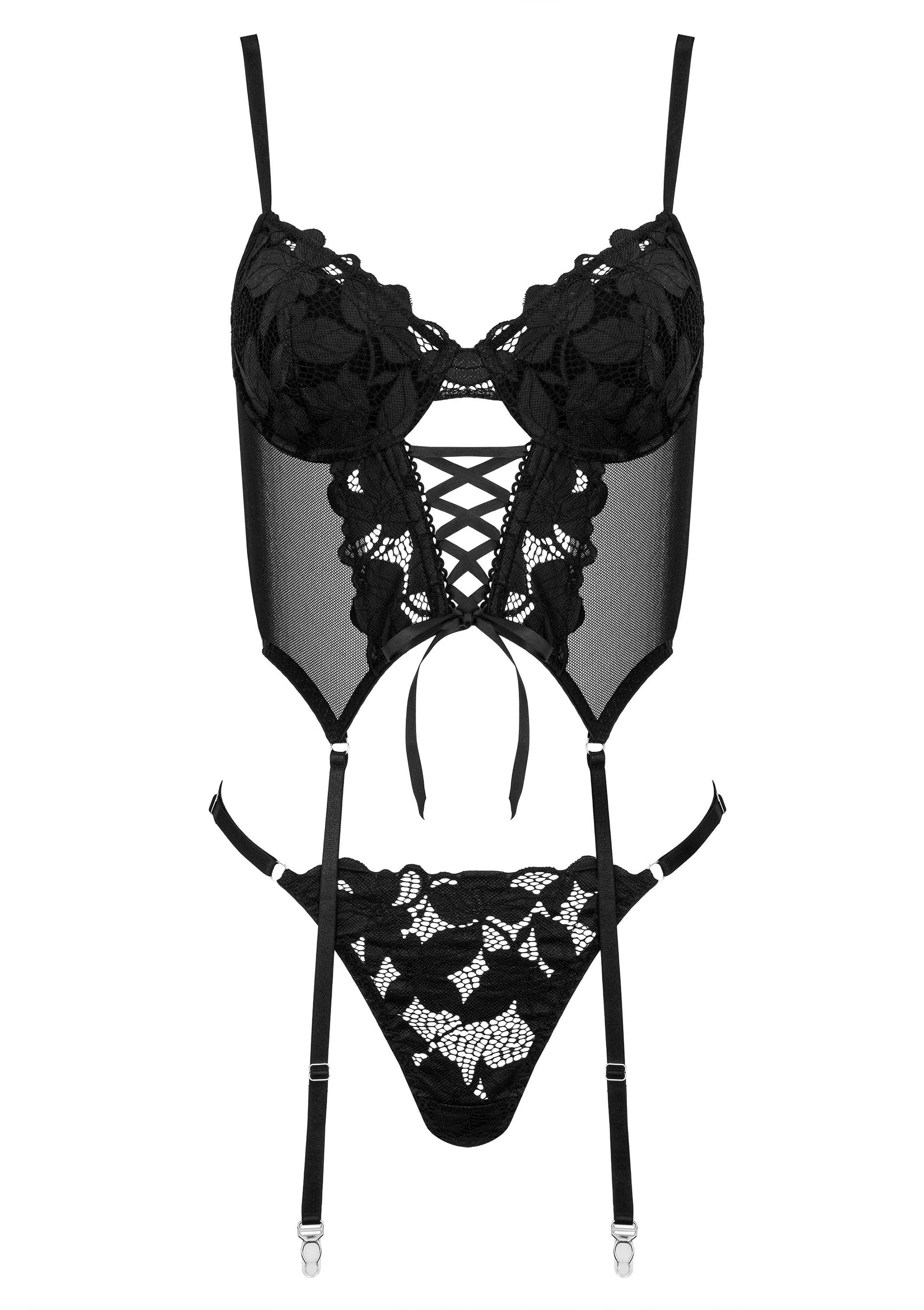 Ensemble de lingerie noire avec corset en dentelle florale et string assorti avec jarretelles.; Zwarte lingerie set met kanten bustier en bijpassende string met jarretels.; Black lingerie set featuring a floral lace bustier and matching thong with suspenders.