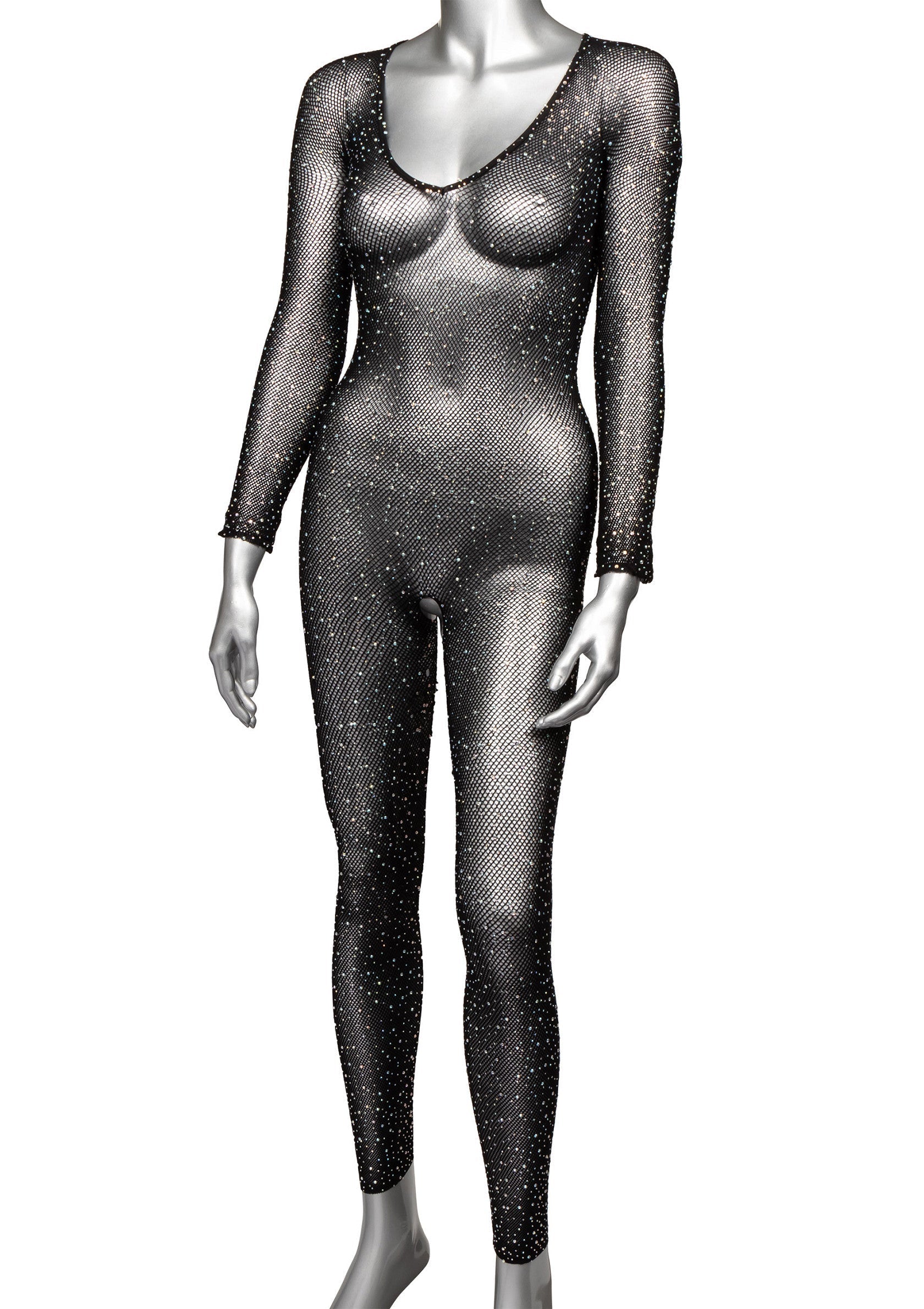 Combinaison intégrale en résille noire brillante, manches longues, en vente maintenant.; Glanzende zwarte netpanty met lange mouwen, nu te koop.; Sparkly black fishnet catsuit with long sleeves, for sale now.