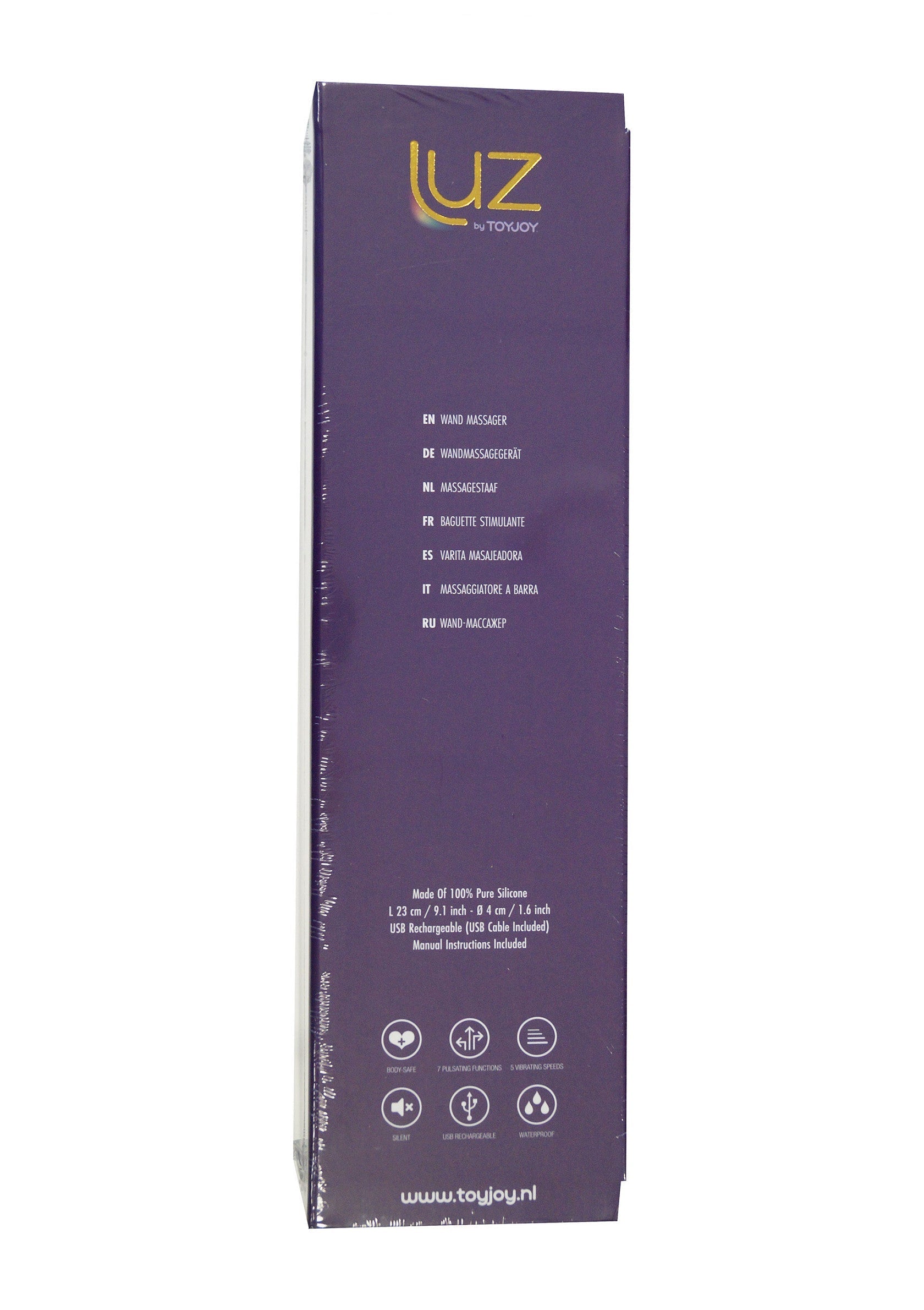Boîte violette du masseur vibrant LUZ de ToyJoy, en silicone pur. Idéal pour le plaisir personnel. Batterie rechargeable.; Paarse doos van de LUZ vibrerende massager van ToyJoy, gemaakt van pure siliconen. Ideaal voor persoonlijk plezier. Oplaadbare batterij.; Purple box of LUZ vibrating massager by ToyJoy, made of pure silicone. Ideal for personal pleasure. Rechargeable battery.