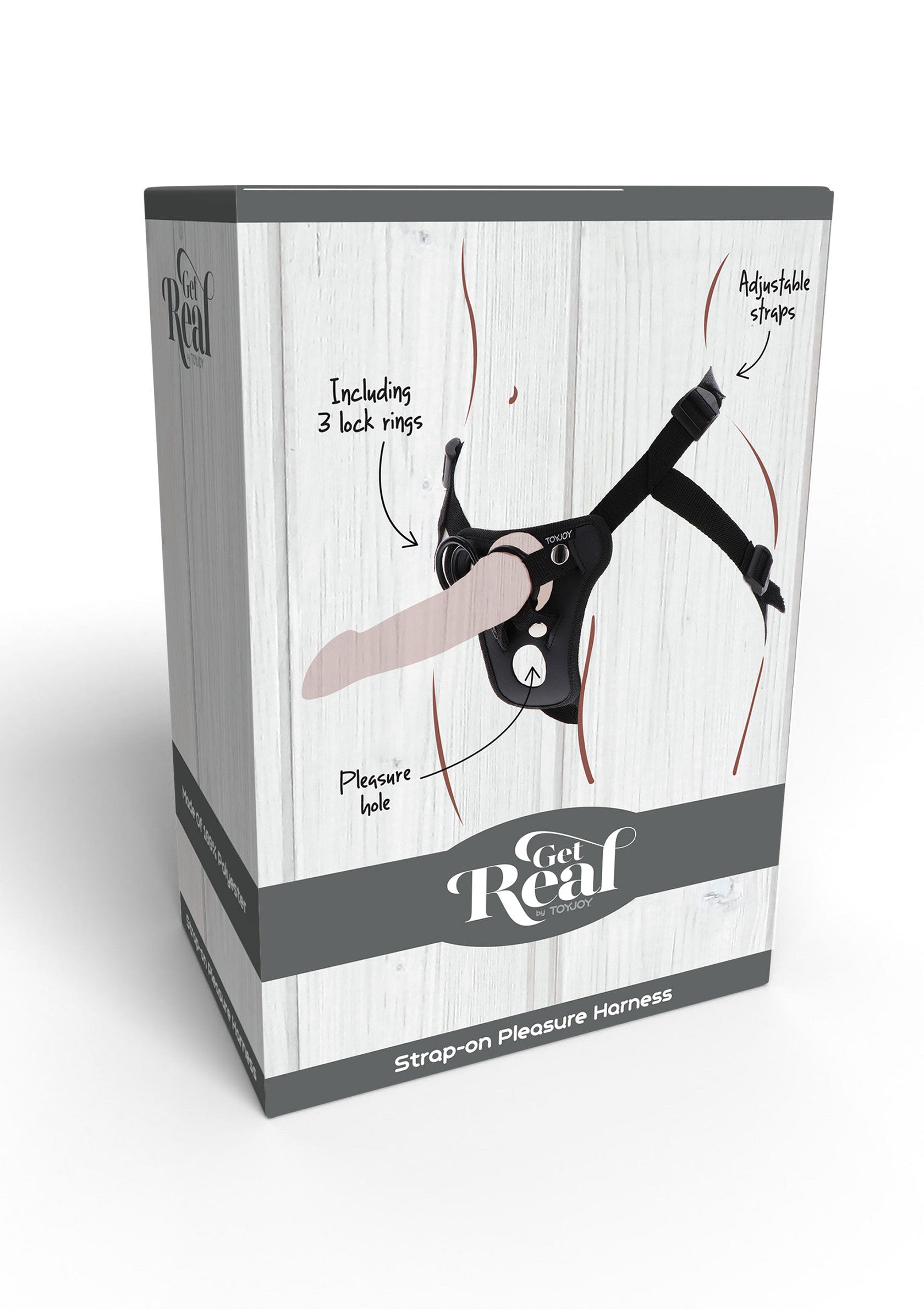 Harnais de plaisir strap-on 'Get Real' avec sangles réglables et anneaux de verrouillage pour une expérience intense et personnalisable.; Get Real strap-on plezierharnas met verstelbare banden en sluitringen voor een intense en aanpasbare ervaring.; Get Real strap-on pleasure harness with adjustable straps & locking rings for an intense, customizable experience. 