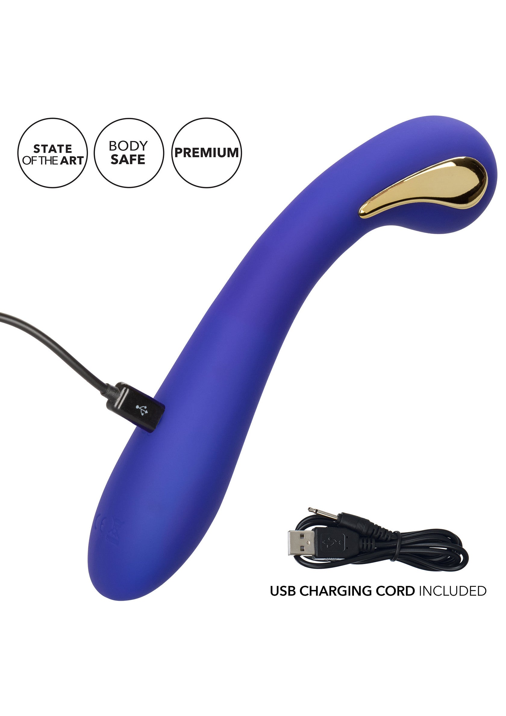 Masseur personnel incurvé rechargeable par USB, bleu avec garniture dorée, sûr pour le corps.; Oplaadbare USB gebogen persoonlijke stimulator, blauw met gouden rand, veilig voor het lichaam.; Rechargeable USB curved personal massager, blue with gold trim, body safe.