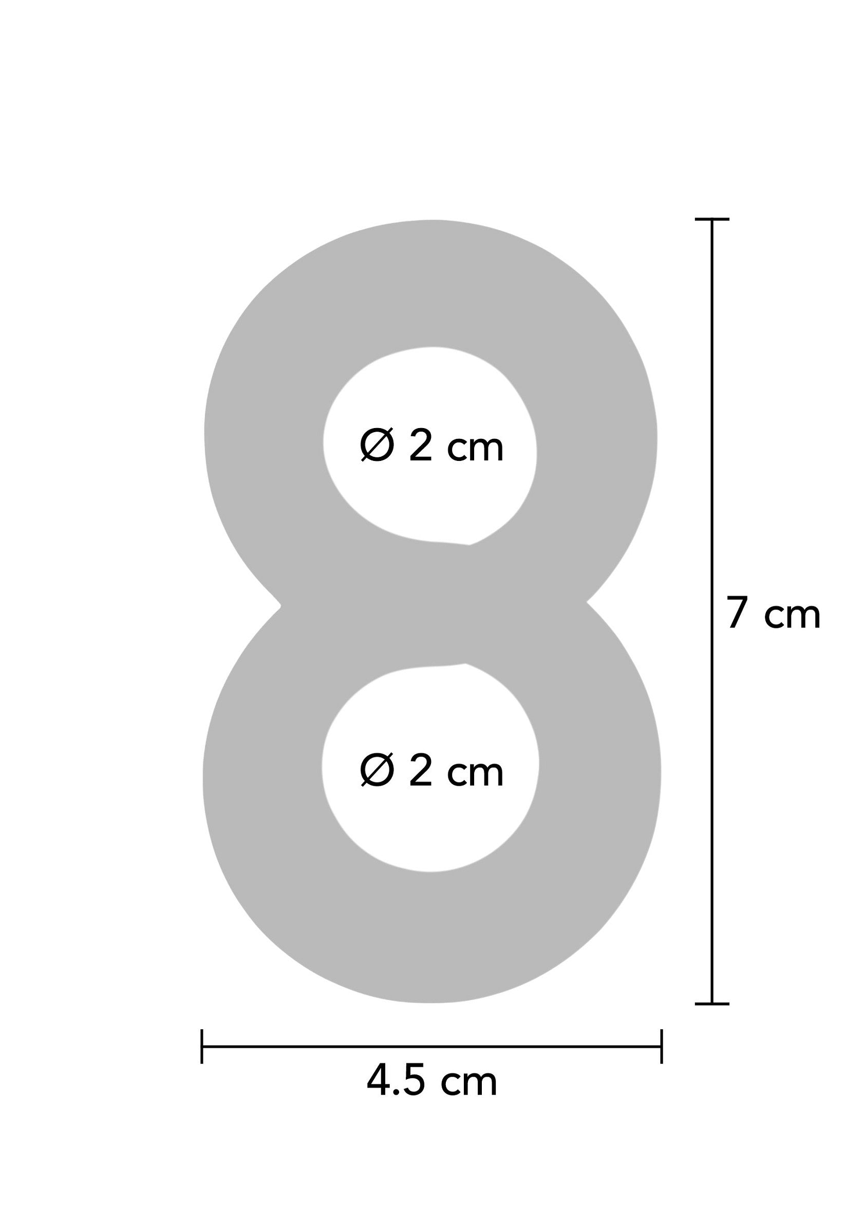 Numéro 8 avec dimensions: hauteur 7cm, largeur 4.5cm, diamètre intérieur 2cm.; Nummer 8 met afmetingen: hoogte 7cm, breedte 4.5cm, binnendiameter 2cm.; Number 8 with dimensions: height 7cm, width 4.5cm, inside diameter 2cm.