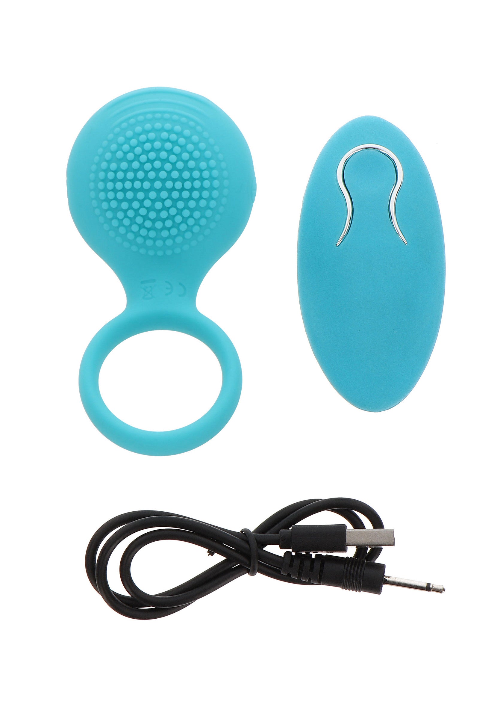 Masseur de couple turquoise rechargeable avec télécommande sans fil.; Oplaadbare turquoise koppel vibrator met draadloze afstandsbediening.; Rechargeable turquoise couple massager with wireless remote.