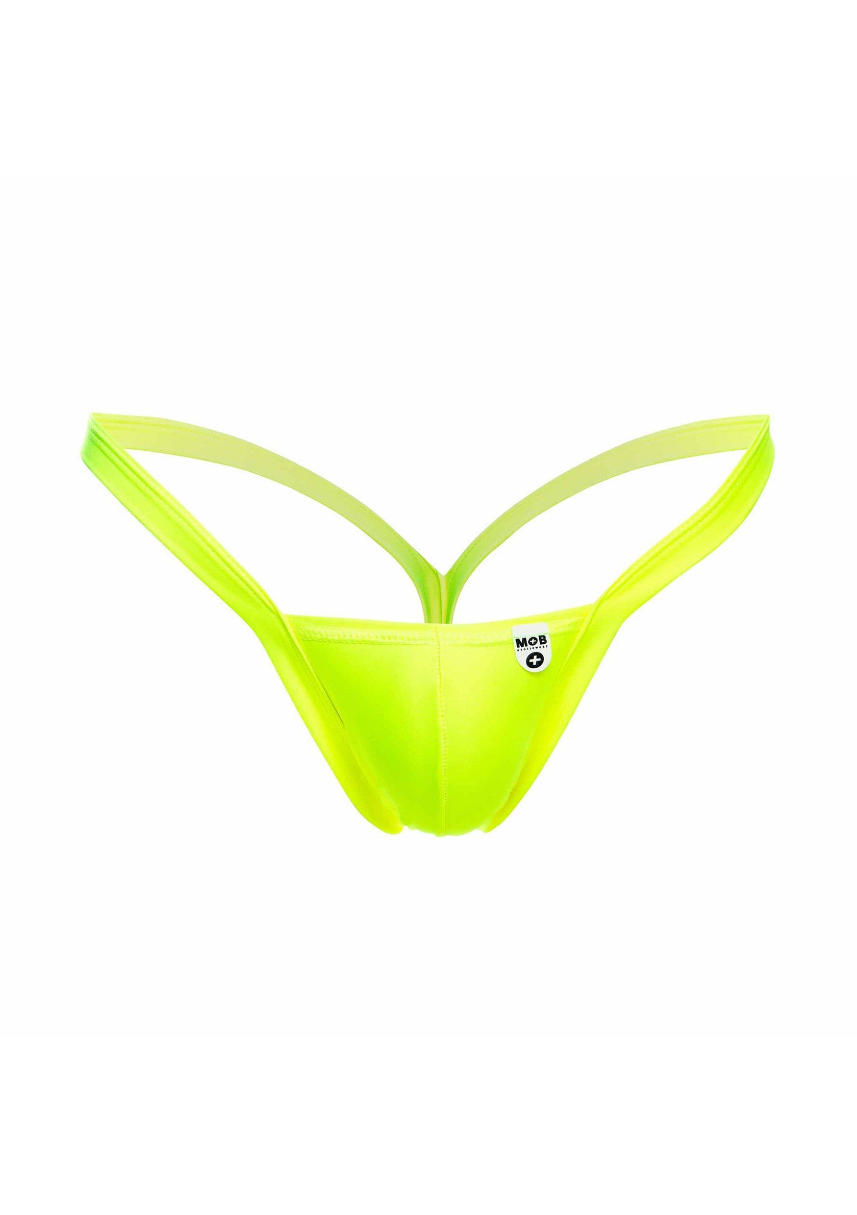 String de bain jaune fluo pour hommes, coupe confortable et design moderne.; Neongel geel heren string badpak, comfortabele pasvorm en modern design.; Neon yellow men's thong swimsuit, comfortable fit and modern design.