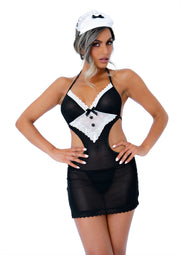 Déguisement de soubrette sexy noir et blanc avec jupe transparente et coiffe assortie.; Sexy zwart-wit meidenkostuum met doorschijnende rok en bijpassende hoofddeksel.; Sexy black and white maid costume with sheer skirt and matching headpiece.