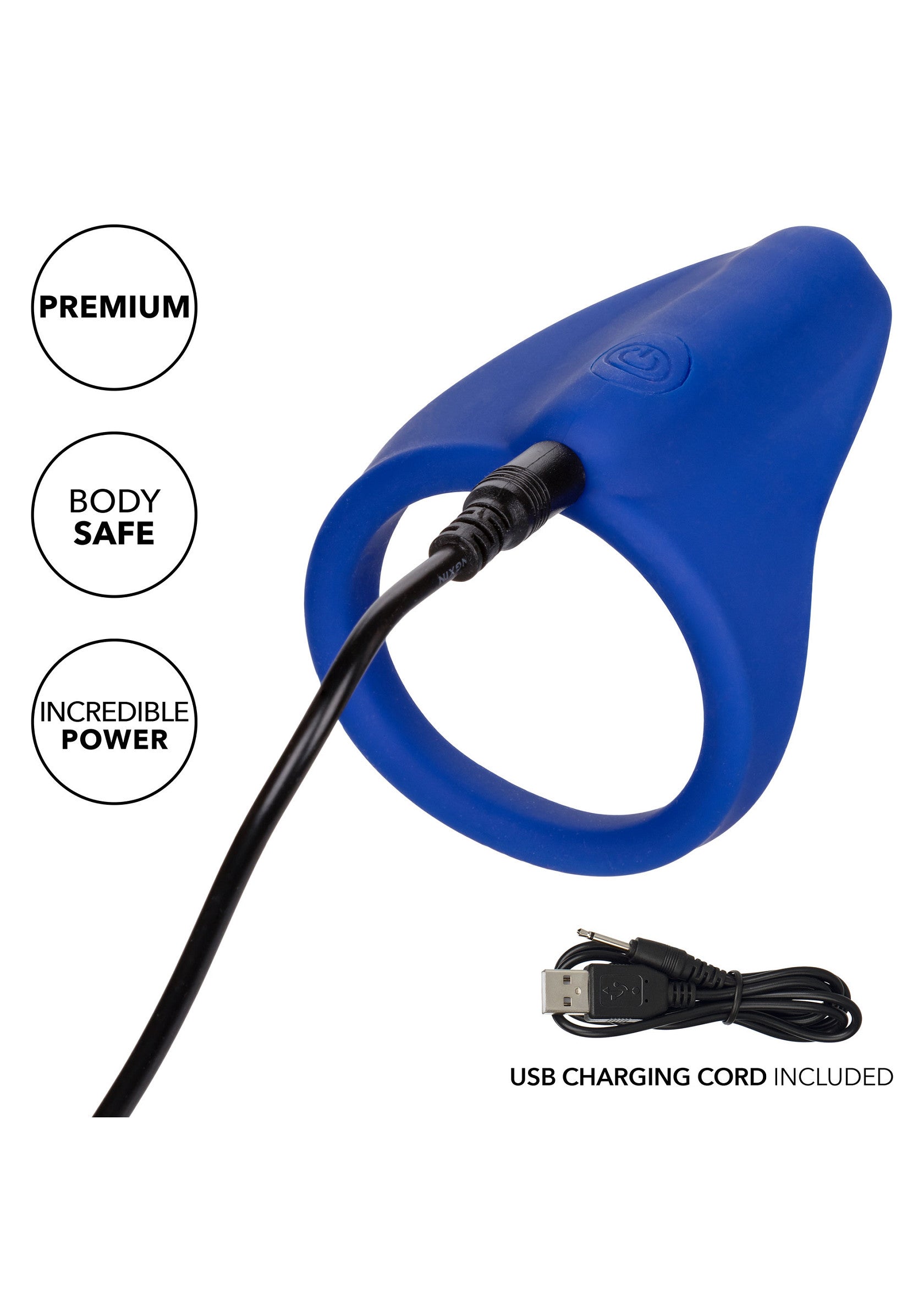 Anneau vibrant rechargeable bleu premium avec cordon USB. Sûr pour le corps et puissant.; Premium blauwe oplaadbare vibrerende ring met USB-kabel. Lichaamsveilig en krachtig.; Premium blue rechargeable vibrating ring with USB cord. Body-safe and incredible power.
