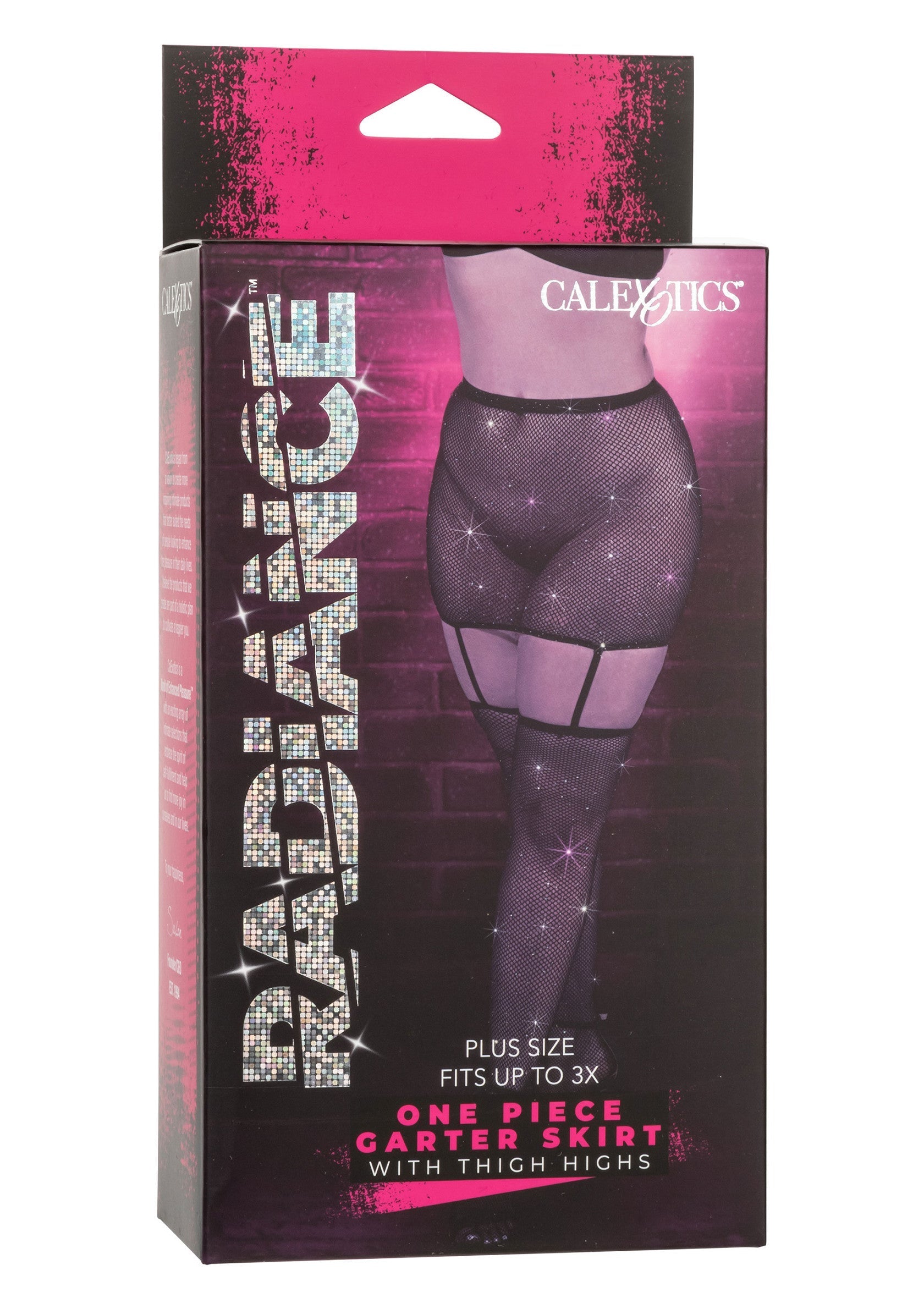 CalExotics Jupe porte-jarretelles une pièce Radiance avec des bas cuissardes (taille plus jusqu'à 3X); CalExotics Radiance eendelig jarretelrok met dijhoge kousen (plus size tot 3X); CalExotics Radiance one piece garter skirt with thigh highs (plus size fits up to 3X)