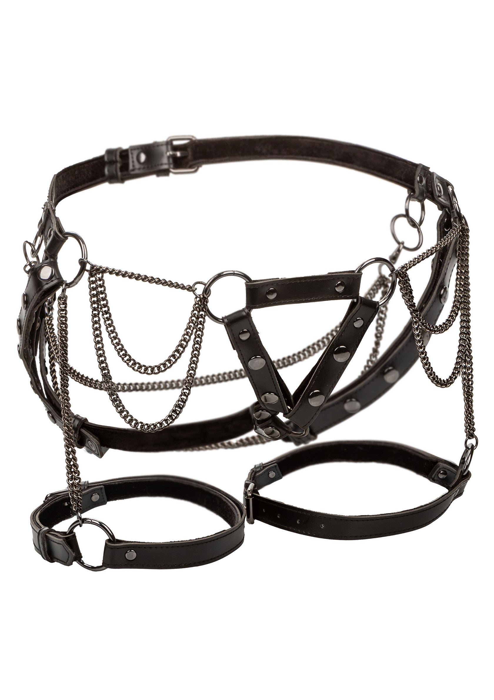 Harnais de corps noir avec chaînes, style gothique et alternatif.; Zwart lichaamsharnas met kettingen, gothische en alternatieve stijl.; Black body harness with chains, gothic and alternative style.