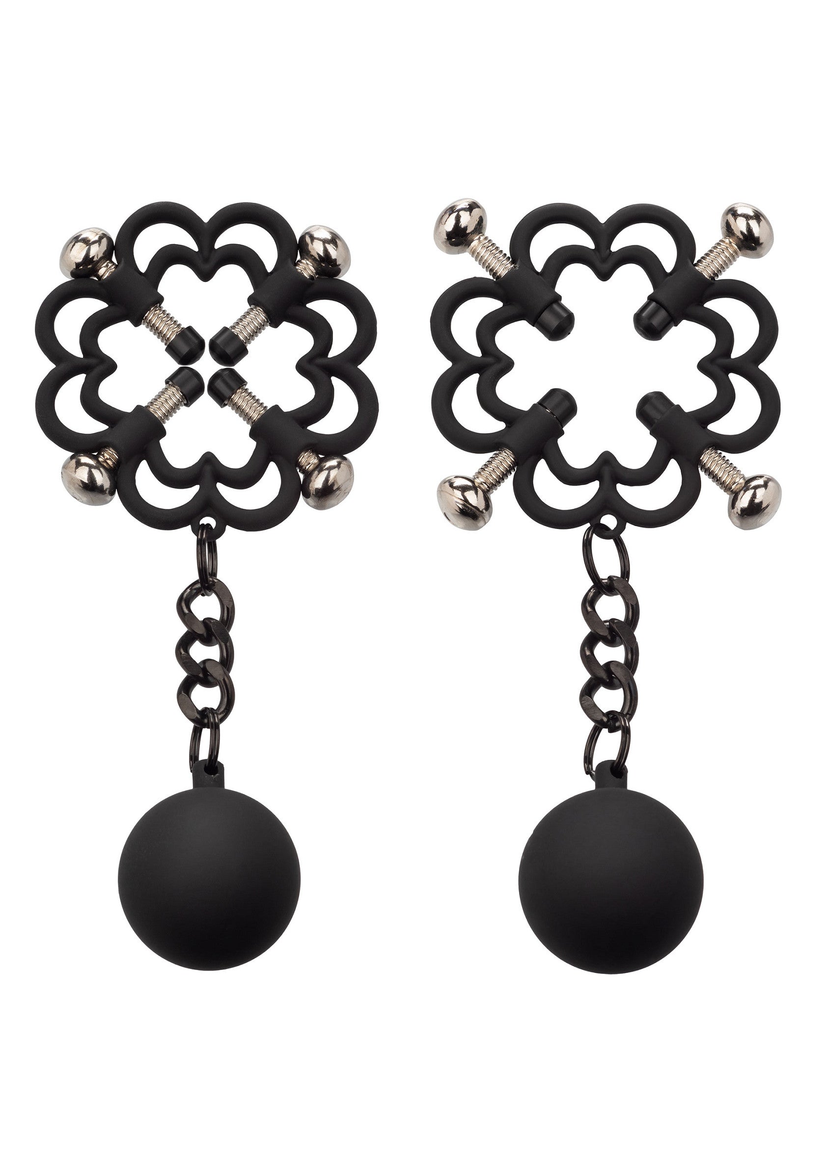 Pinces à tétons décoratives avec poids pour sensations fortes et look élégant.; Decoratieve tepelklemmen met gewichten voor intense sensaties en elegante look.; Decorative nipple clamps with weights for intense sensations and elegant look.