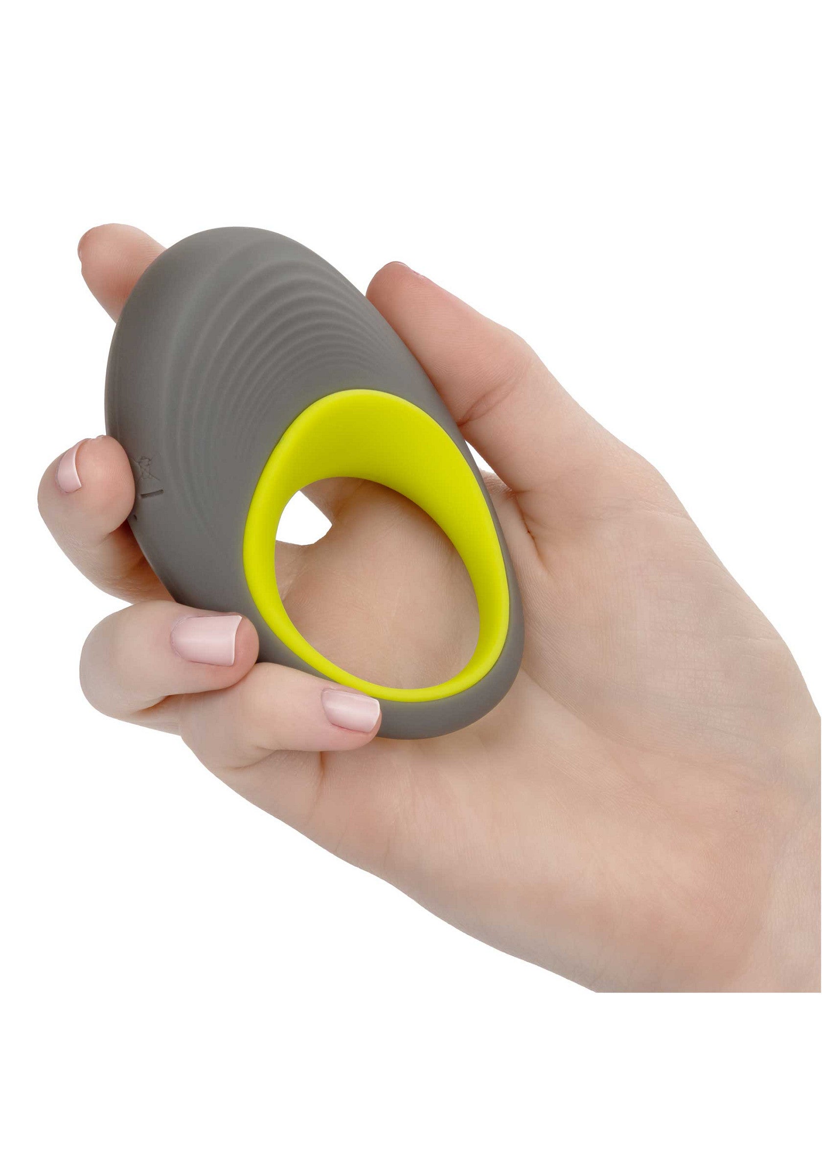 Vibreur d'anneau pénien gris et jaune pour hommes, pour plus de plaisir et de stimulation.; Grijze en gele penisring vibrator voor mannen, voor extra plezier en stimulatie.; Gray and yellow penis ring vibrator for men, for extra pleasure and stimulation.