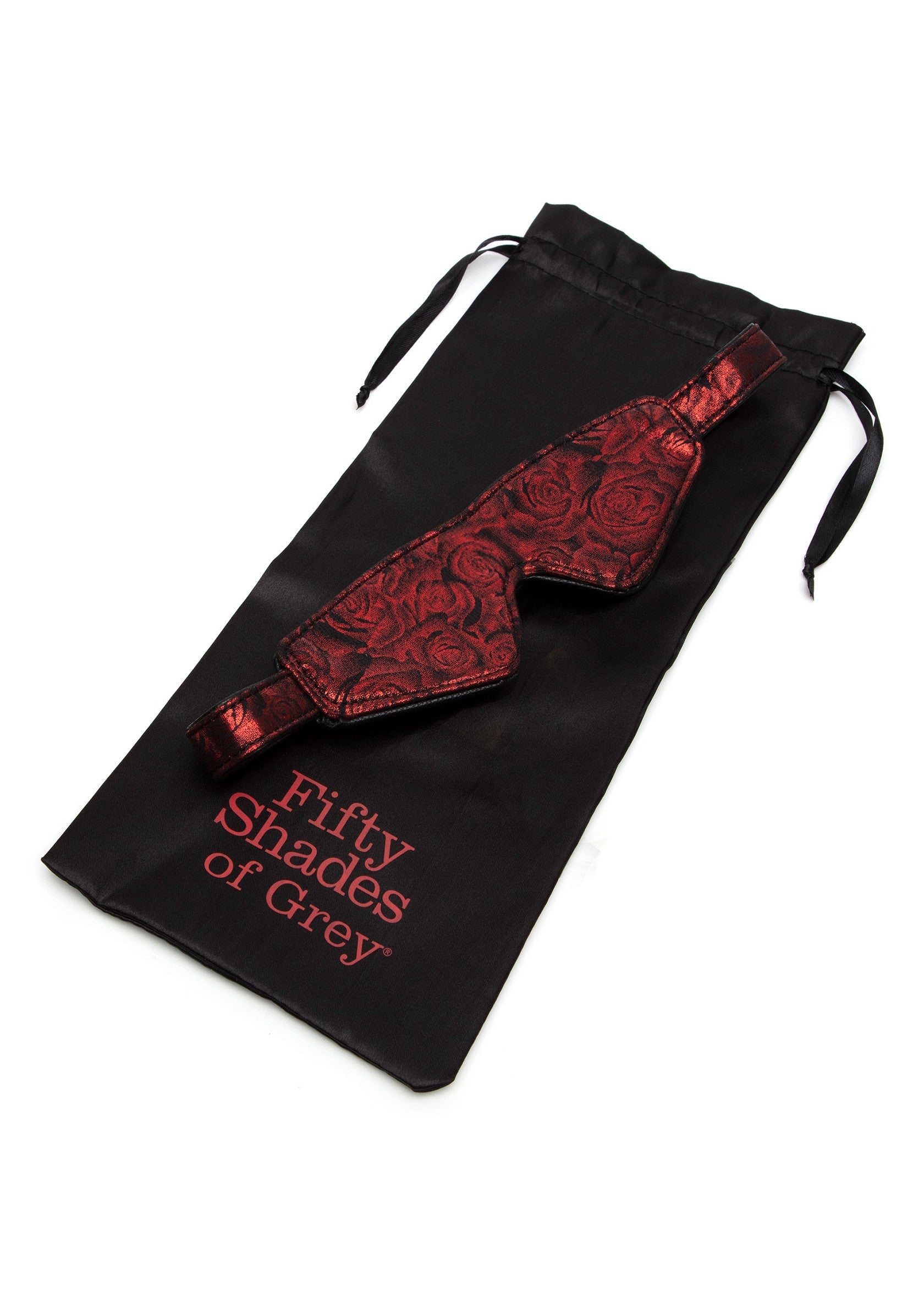 Masque de sommeil Fifty Shades of Grey, motifs roses rouges, pochette de rangement noire à cordon, pour des nuits sensuelles.; Fifty Shades of Grey oogmasker met rode rozenmotieven, zwarte opbergzak met trekkoord, voor sensuele nachten.; Fifty Shades of Grey sleep mask, red rose pattern, black drawstring storage bag, for sensual nights.