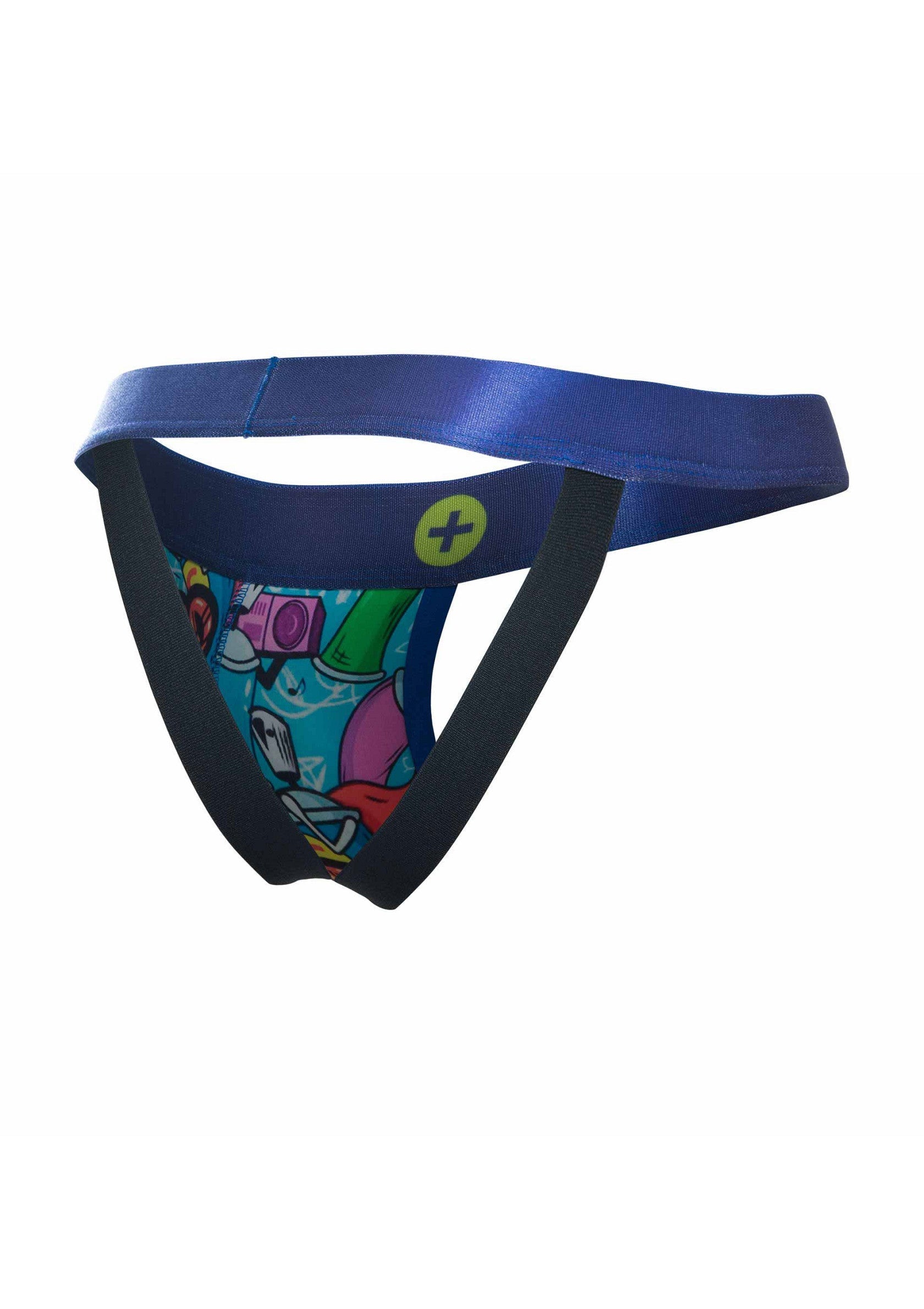 Suspensorium bleu avec motifs funs. Confortable et stylé, parfait pour le sport ou la vie de tous les jours.; Blauwe jockstrap met leuke prints. Comfortabel en stijlvol, perfect voor sport of dagelijks gebruik.; Blue jockstrap with fun prints. Comfortable and stylish, perfect for sports or everyday wear.
