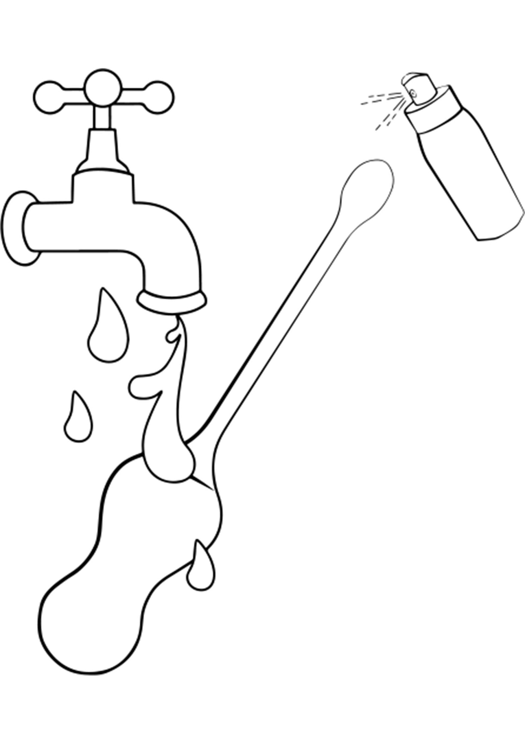 Image au trait d'un robinet qui fuit, d'une cuillère et d'un flacon pulvérisateur. Idéal pour produits de nettoyage ou d'hygiène.; Lijntekening van een lekkende kraan, lepel en spuitfles. Ideaal voor schoonmaak- of hygiëneproducten.; Line art of a dripping faucet, spoon, and spray bottle. Great for cleaning supplies or hygiene products.