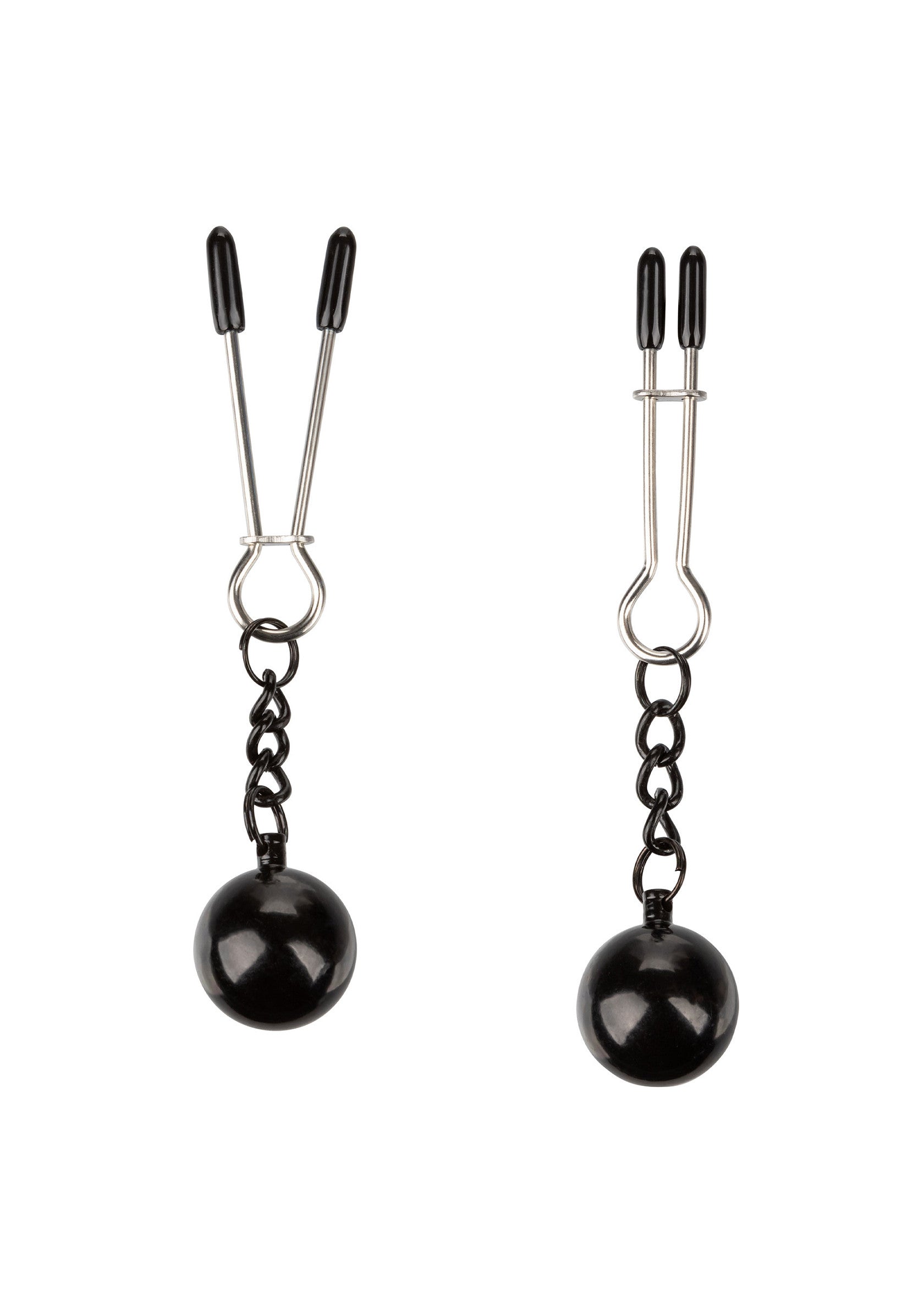Pinces à tétons avec poids pour des jeux de sensations fortes.; Tepelklemmen met gewichten voor spannende spelletjes.; Nipple clamps with weights for thrilling sensation play.