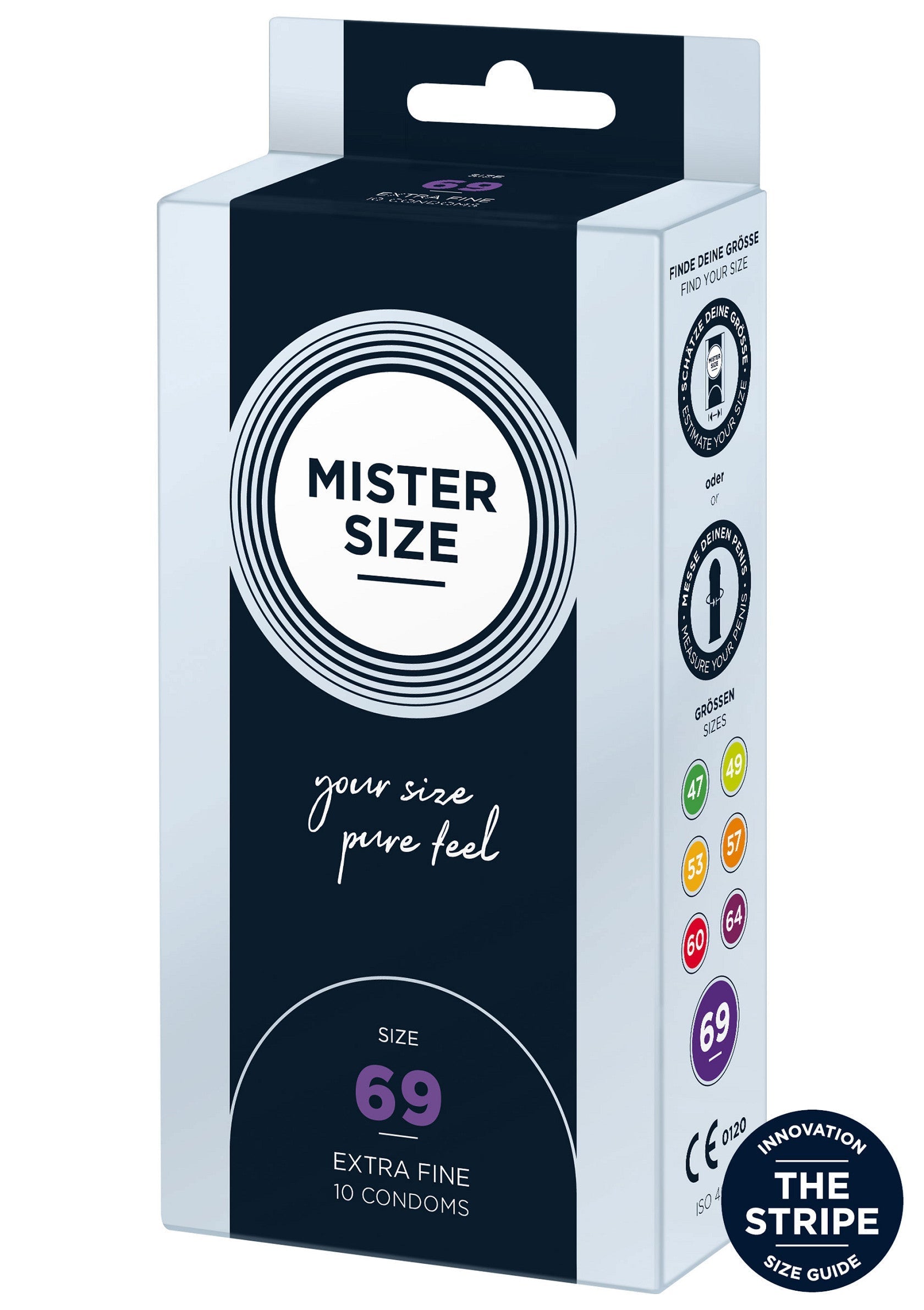 Préservatifs Mister Size 69, extra fins, 10 pièces. Trouvez votre taille idéale pour un confort optimal et des sensations naturelles.; Mister Size 69 condooms, extra fijn, 10 stuks. Vind uw ideale maat voor optimaal comfort en natuurlijke sensaties.; Mister Size 69 condoms, extra fine, 10 pieces. Find your perfect fit for optimal comfort and natural sensations.