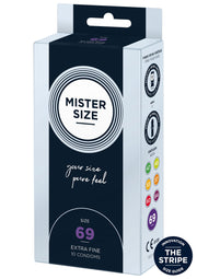 Préservatifs Mister Size 69, extra fins, 10 pièces. Trouvez votre taille idéale pour un confort optimal et des sensations naturelles.; Mister Size 69 condooms, extra fijn, 10 stuks. Vind uw ideale maat voor optimaal comfort en natuurlijke sensaties.; Mister Size 69 condoms, extra fine, 10 pieces. Find your perfect fit for optimal comfort and natural sensations.