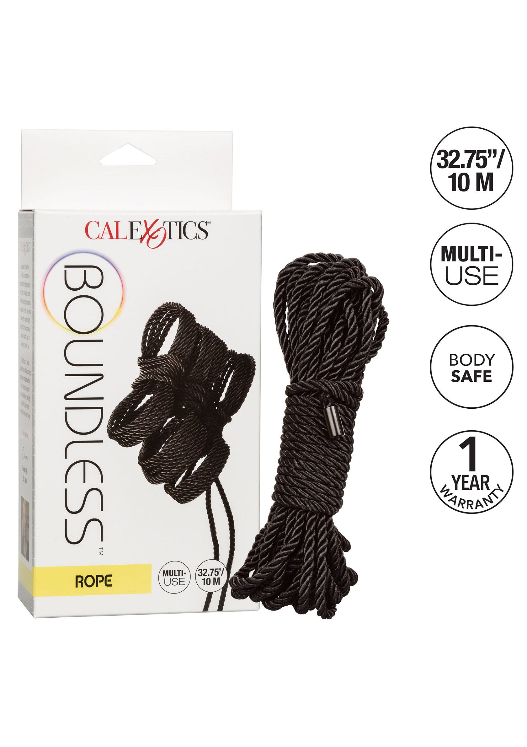 Corde Boundless CalExotics, 10m. Pour le jeu de rôle et le bondage. Sûr pour le corps, garantie 1 an.; CalExotics Boundless touw, 10m. Voor rollenspel en bondage. Veilig voor het lichaam, 1 jaar garantie.; CalExotics Boundless rope, 10m. For role play and bondage. Body safe, 1 year warranty. 