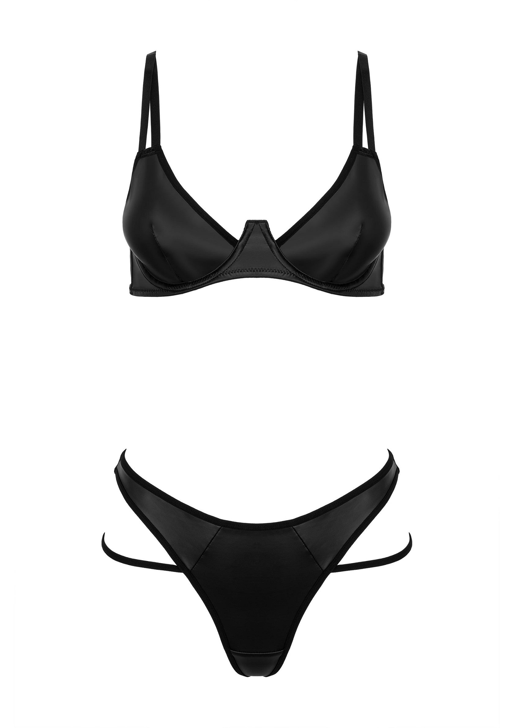 Ensemble de lingerie noir séduisant avec soutien-gorge et culotte à découpes.; Verleidelijke zwarte lingerie set met beha en string met uitsparingen.; Seductive black lingerie set with bra and cut-out detail thong.
