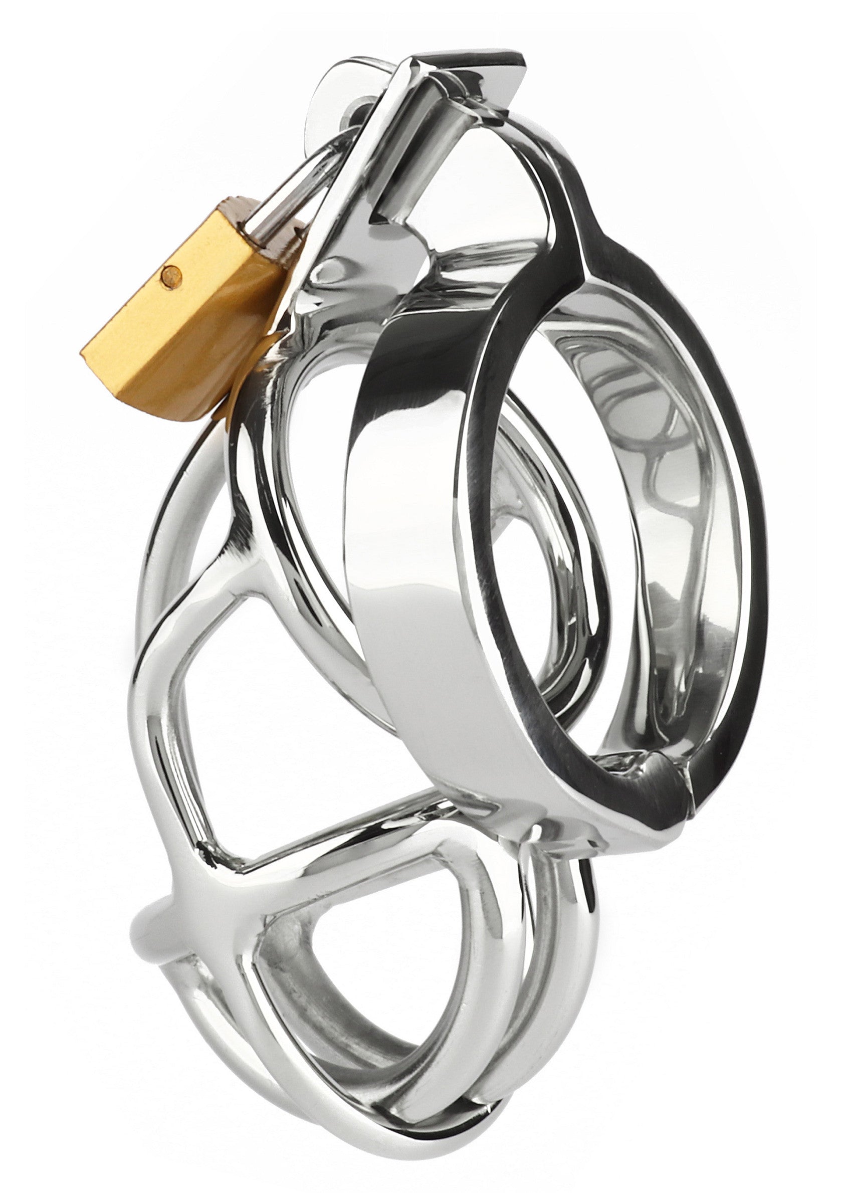 Cage de chasteté masculine en métal avec cadenas doré, pour un contrôle ultime.; Metalen kuisheidskooi voor mannen met goudkleurig slot, voor ultieme controle.; Metal chastity cage for men with golden lock, for ultimate control.