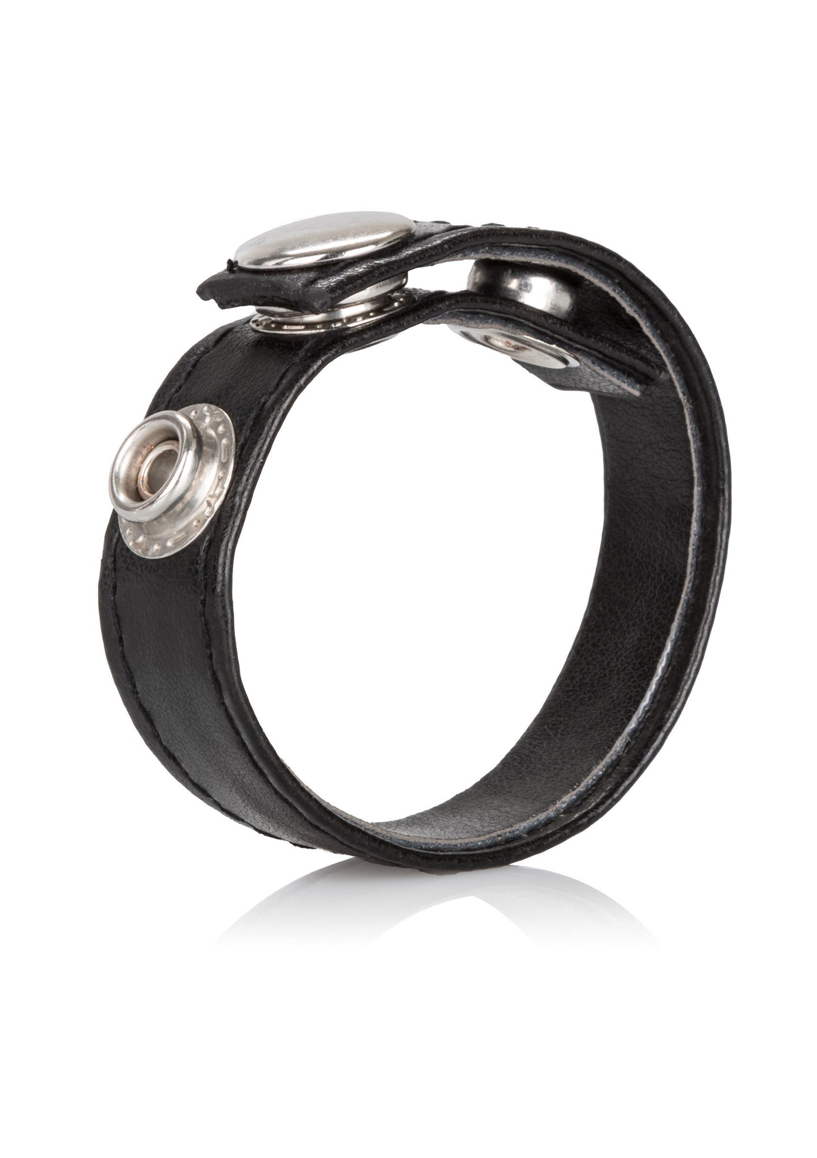 Bracelet en cuir noir avec boutons-pression argentés, accessoire de mode élégant et polyvalent.; Zwarte lederen armband met zilverkleurige drukknopen, een stijlvol en veelzijdig modeaccessoire.; Black leather bracelet with silver snaps, stylish and versatile fashion accessory.