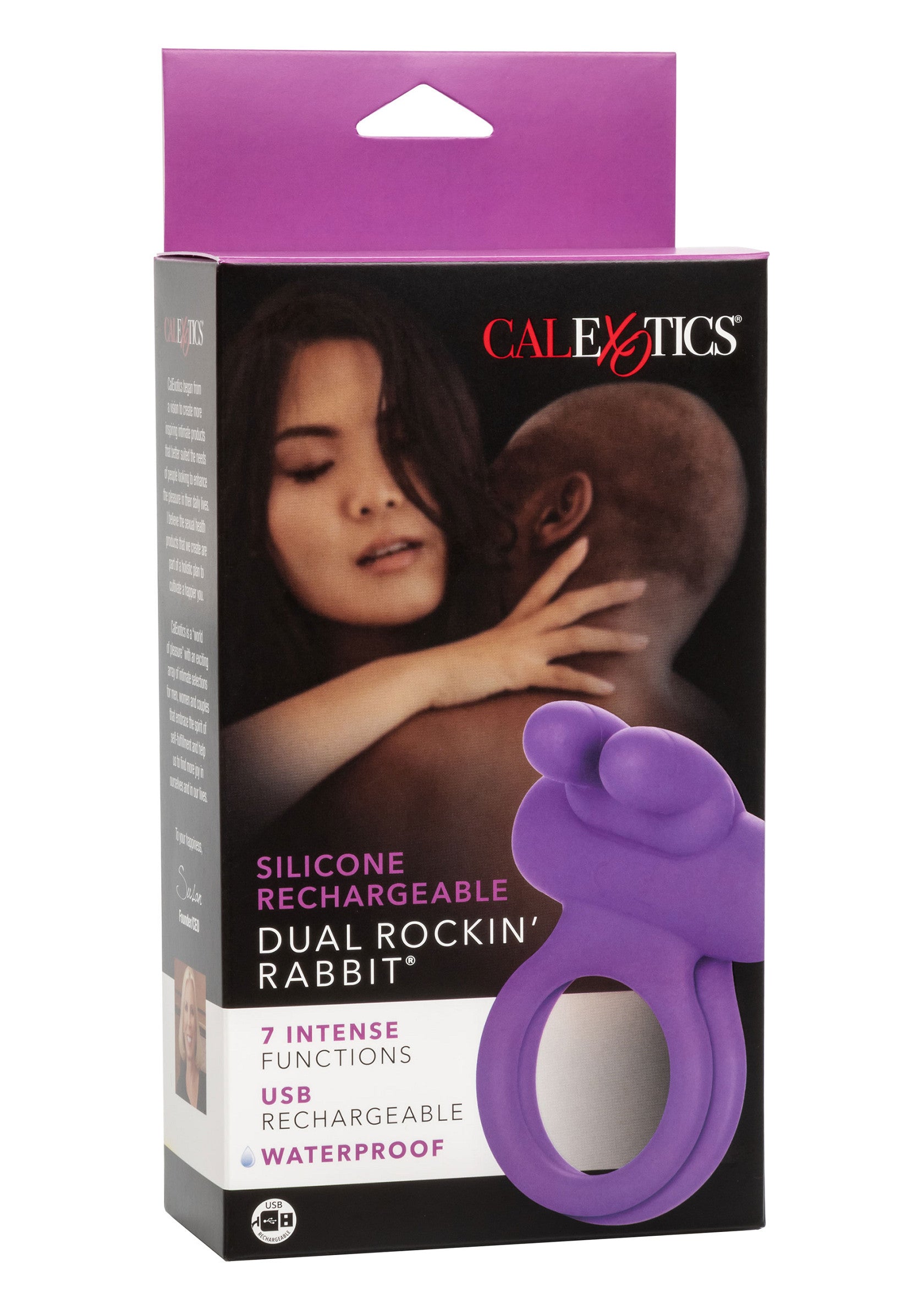 CalExotics Silicone Rechargeable Dual Rockin' Rabbit. Jouet pour adultes rechargeable USB avec 7 fonctions intenses. Étanche.; CalExotics Silicone Oplaadbare Dual Rockin' Rabbit. USB-oplaadbaar speeltje voor volwassenen met 7 intense functies. Waterdicht.; CalExotics Silicone Rechargeable Dual Rockin' Rabbit. USB rechargeable adult toy with 7 intense functions. Waterproof.