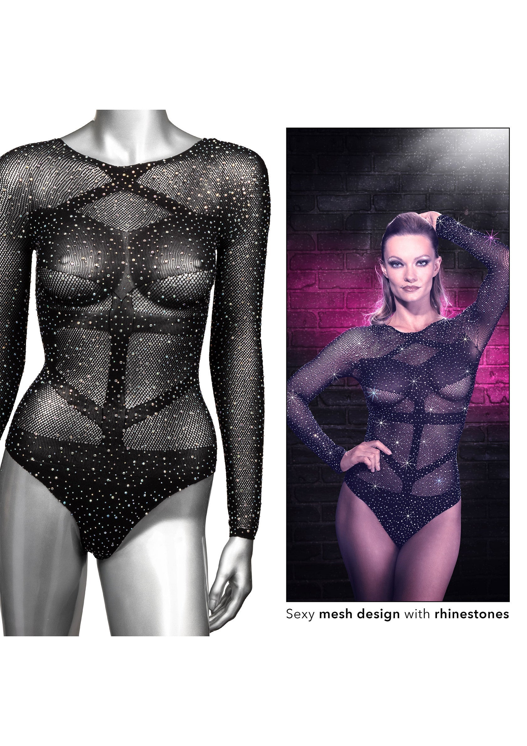 Body en maille sexy avec strass pour un look audacieux et élégant.; Sexy mesh bodysuit met strass steentjes voor een gedurfde en elegante look.; Sexy mesh bodysuit with rhinestones for a bold and elegant look.