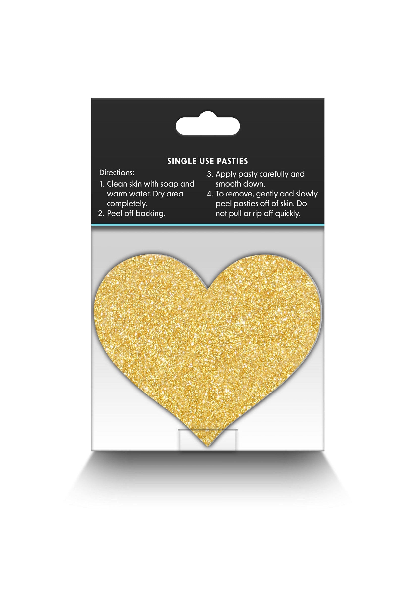 Cache-tétons à paillettes dorées en forme de cœur. Accessoire de mode festif pour une touche glamour et audacieuse.; Glitternippelbedekkers in de vorm van een gouden hart. Feestelijke modeaccessoire voor een glamoureuze en gedurfde touch.; Gold glitter heart nipple covers. Festive fashion accessory for a glamorous and daring touch.