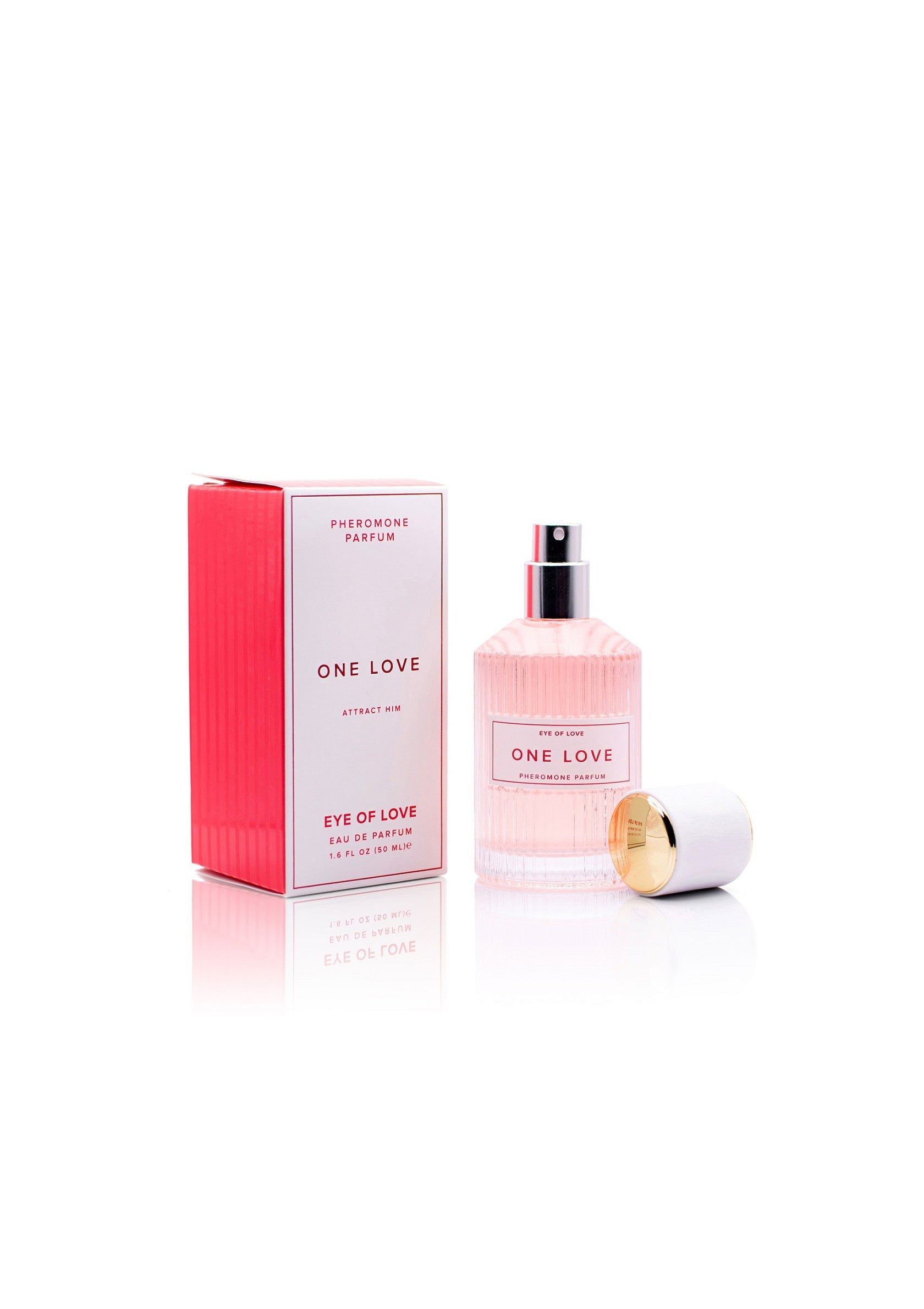 Parfum aux phéromones 'One Love'. Attirez l'amour avec ce parfum séduisant. Note florale légère et capot doré élégant.; Feromonen parfum 'One Love'. Trek liefde aan met deze verleidelijke geur. Lichte bloemige toets en elegante gouden dop.; Pheromone perfume 'One Love'. Attract love with this alluring scent. Light floral note and elegant gold cap.