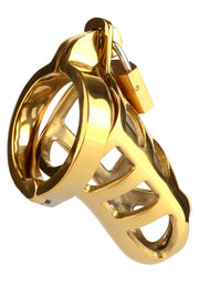 Cage de chasteté masculine dorée avec cadenas. Accessoire de plaisir et de contrôle. Explorez de nouvelles sensations. Sécurité et élégance.; Gouden kuisheidskooi voor mannen met slot. Plezier en controle accessoire. Ontdek nieuwe sensaties. Veiligheid en elegantie.; Gold male chastity cage with lock. Pleasure and control accessory. Explore new sensations. Security and elegance.