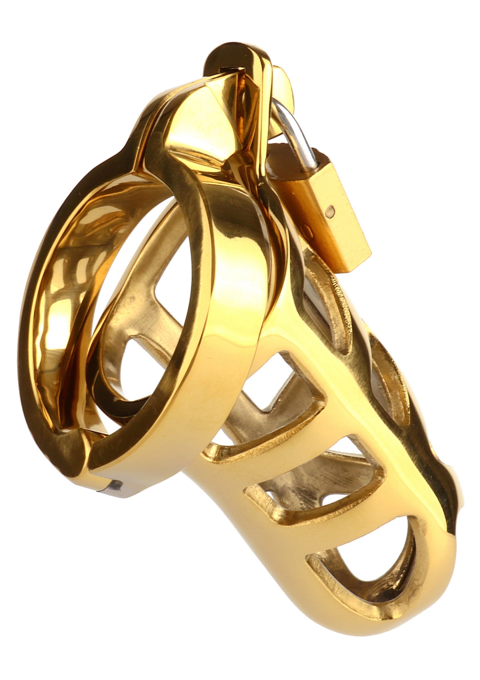 Cage de chasteté masculine dorée avec cadenas. Accessoire de plaisir et de contrôle. Explorez de nouvelles sensations. Sécurité et élégance.; Gouden kuisheidskooi voor mannen met slot. Plezier en controle accessoire. Ontdek nieuwe sensaties. Veiligheid en elegantie.; Gold male chastity cage with lock. Pleasure and control accessory. Explore new sensations. Security and elegance.