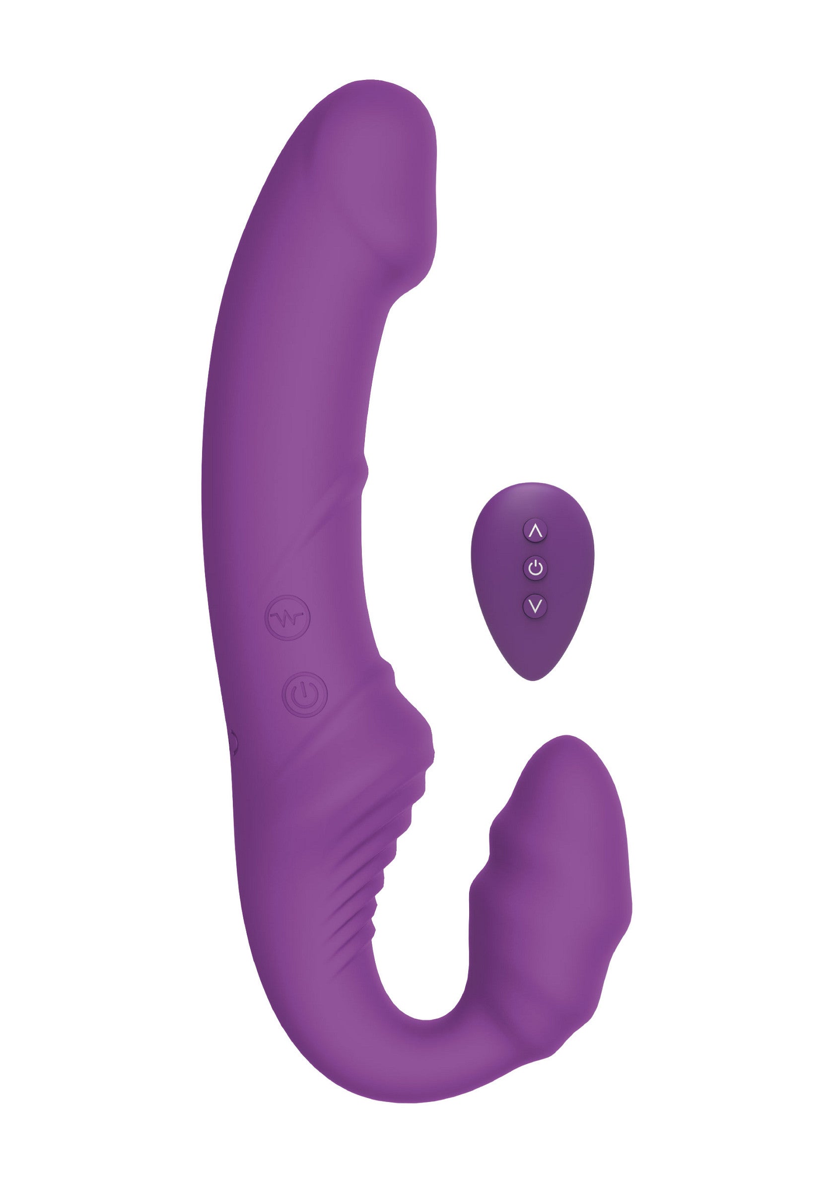 Vibromasseur vibrant double en violet avec télécommande.; Dubbel vibrerende vibrator in paars met afstandsbediening.; Dual vibrating vibrator in purple with remote control.