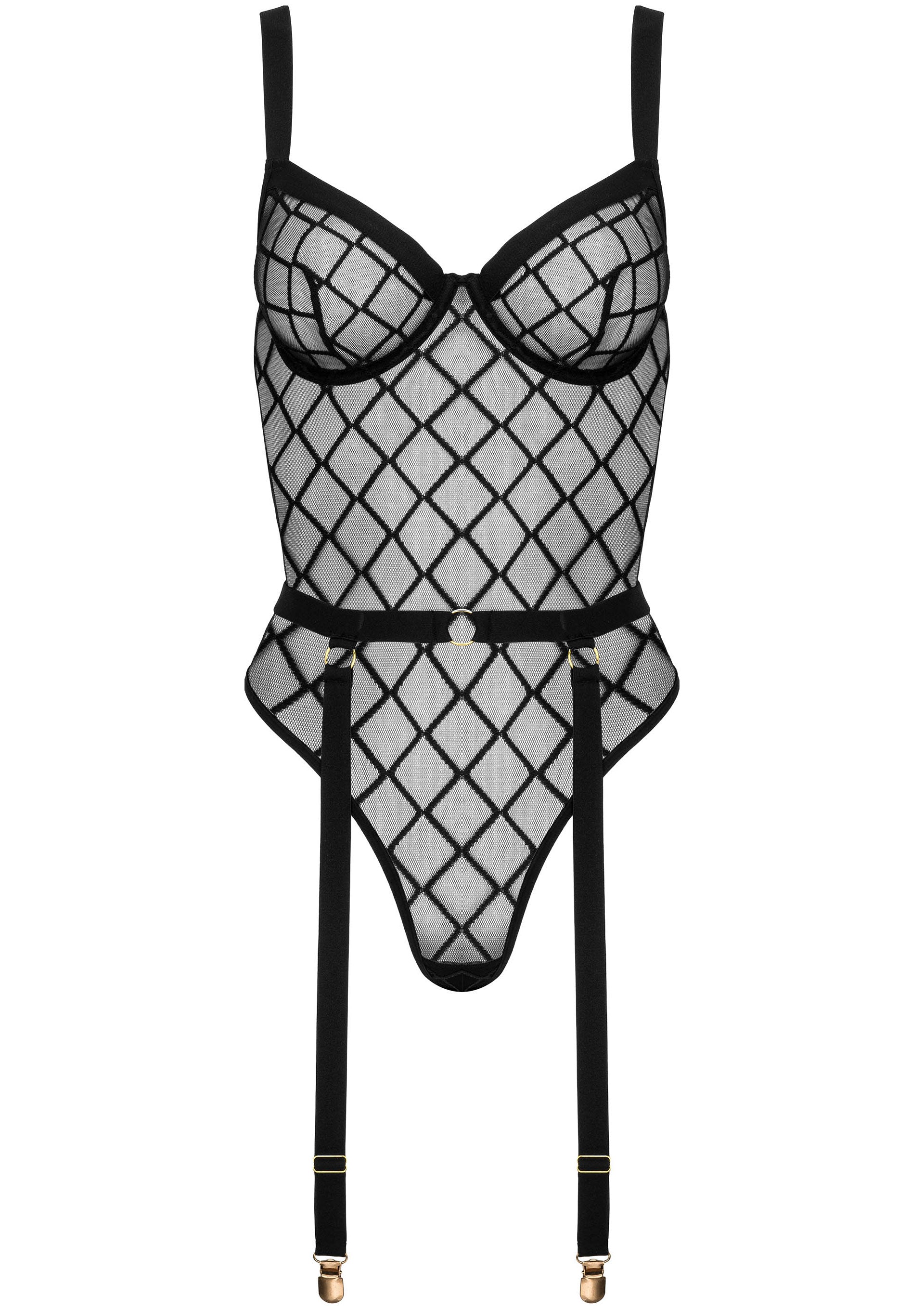 Body noir à motifs losanges avec jarretelles. Lingerie féminine et séduisante.; Zwarte bodysuit met ruitpatroon en jarretels. Verleidelijke dameslingerie.; Black diamond-patterned bodysuit with suspenders. Sexy women's lingerie.