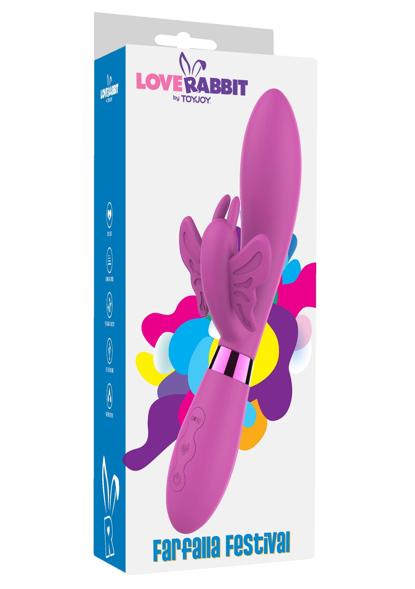 Love Rabbit Farfalla Festival vibrateur rose avec ailes de papillon pour le plaisir féminin.; Love Rabbit Farfalla Festival roze vibrator met vlindervleugels voor vrouwelijk genot.; Love Rabbit Farfalla Festival pink vibrator with butterfly wings for female pleasure.