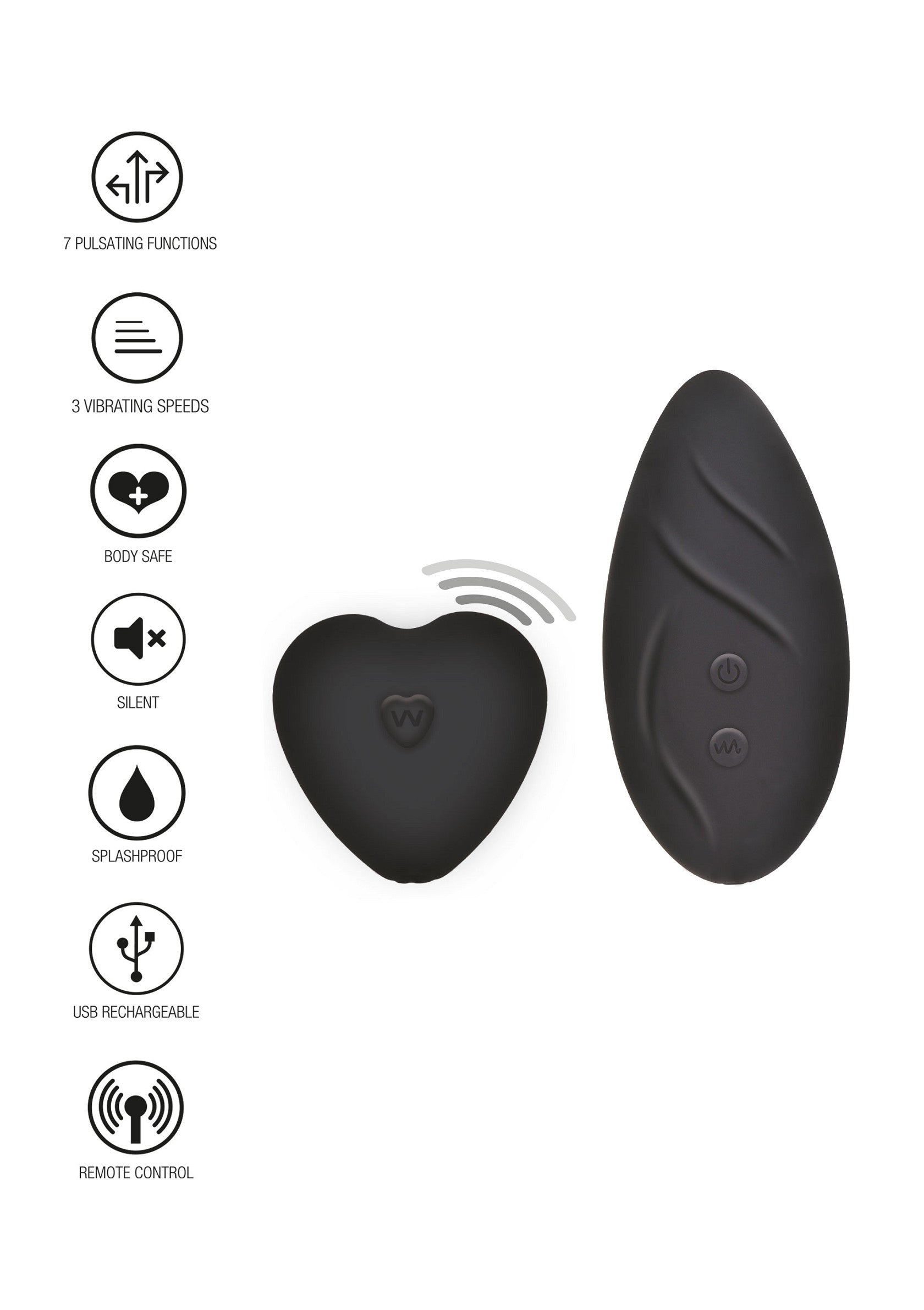 Vibromasseur noir avec télécommande sans fil, 7 modes, 3 vitesses, étanche et rechargeable par USB. Plaisir silencieux garanti!; Zwarte vibrator met draadloze afstandsbediening, 7 standen, 3 snelheden, spatwaterdicht en USB oplaadbaar. Stil genot gegarandeerd!; Black vibrator with wireless remote control, 7 modes, 3 speeds, splash-proof and USB rechargeable. Silent pleasure guaranteed!