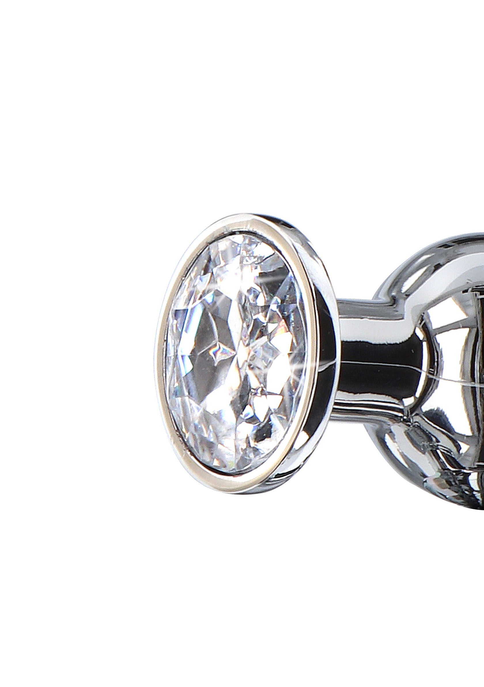 Plug anal en métal chromé avec gros strass ovale. Bijou intime brillant et élégant.; Verchroomde metalen anale plug met grote ovale strass. Schitterend en elegant intiem juweel.; Chrome metal anal plug with large oval rhinestone. Sparkling and elegant intimate jewel.