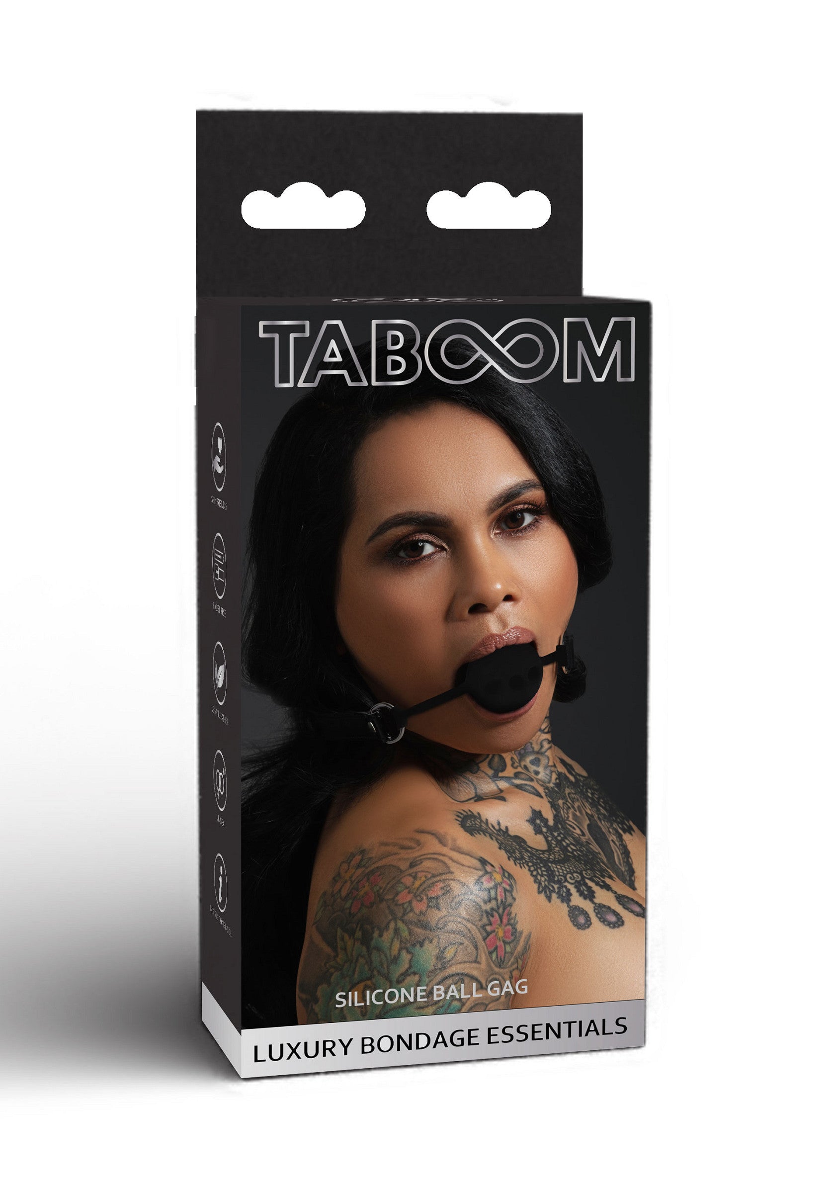 Bâillon boule en silicone Taboom. Accessoire de bondage de luxe pour des jeux coquins et une soumission sensuelle.; Taboom siliconen balgag. Luxe bondage accessoire voor kinky spelletjes en sensuele onderwerping.; Taboom silicone ball gag. Luxury bondage accessory for kinky play and sensual submission.