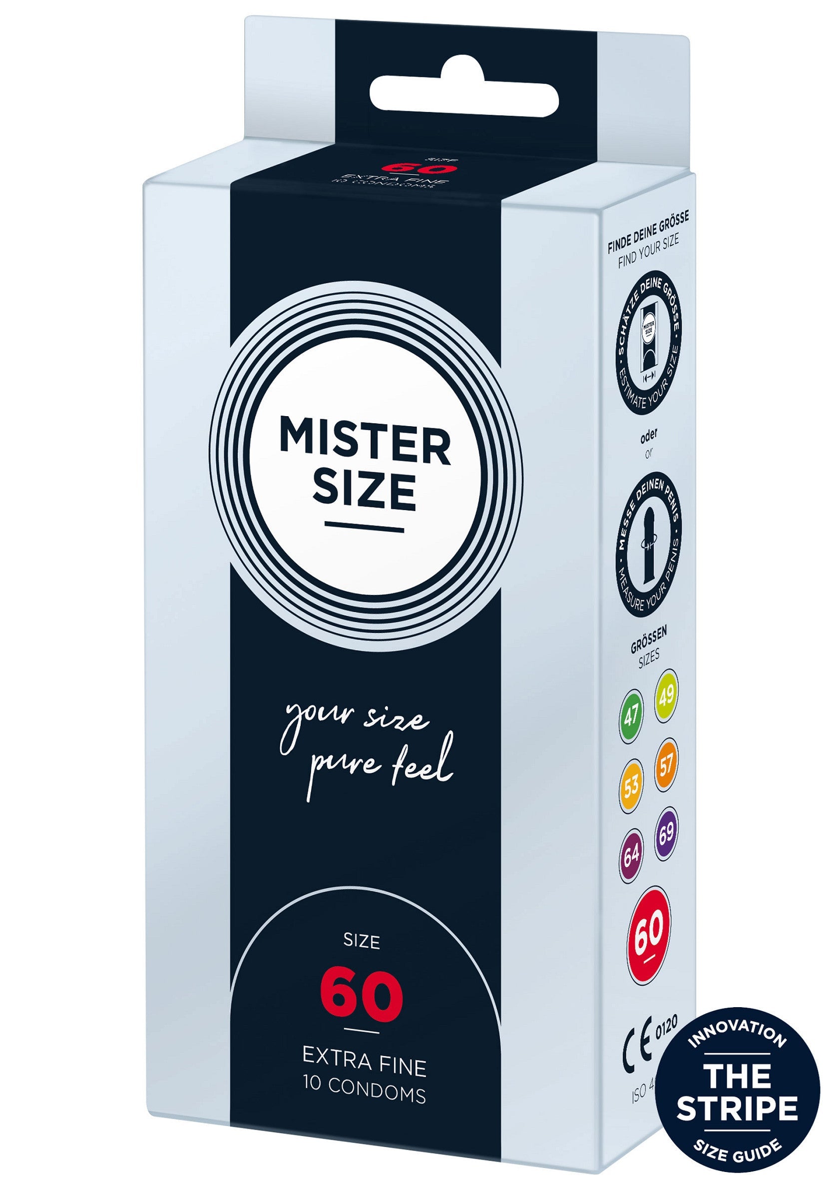 Préservatifs Mister Size taille 60. Extra fins pour une sensation naturelle et une protection optimale. Votre taille, votre plaisir.; Mister Size condooms maat 60. Extra dun voor een natuurlijk gevoel en optimale bescherming. Jouw maat, jouw plezier.; Mister Size condoms size 60. Extra thin for a natural feel and optimal protection. Your size, your pleasure.