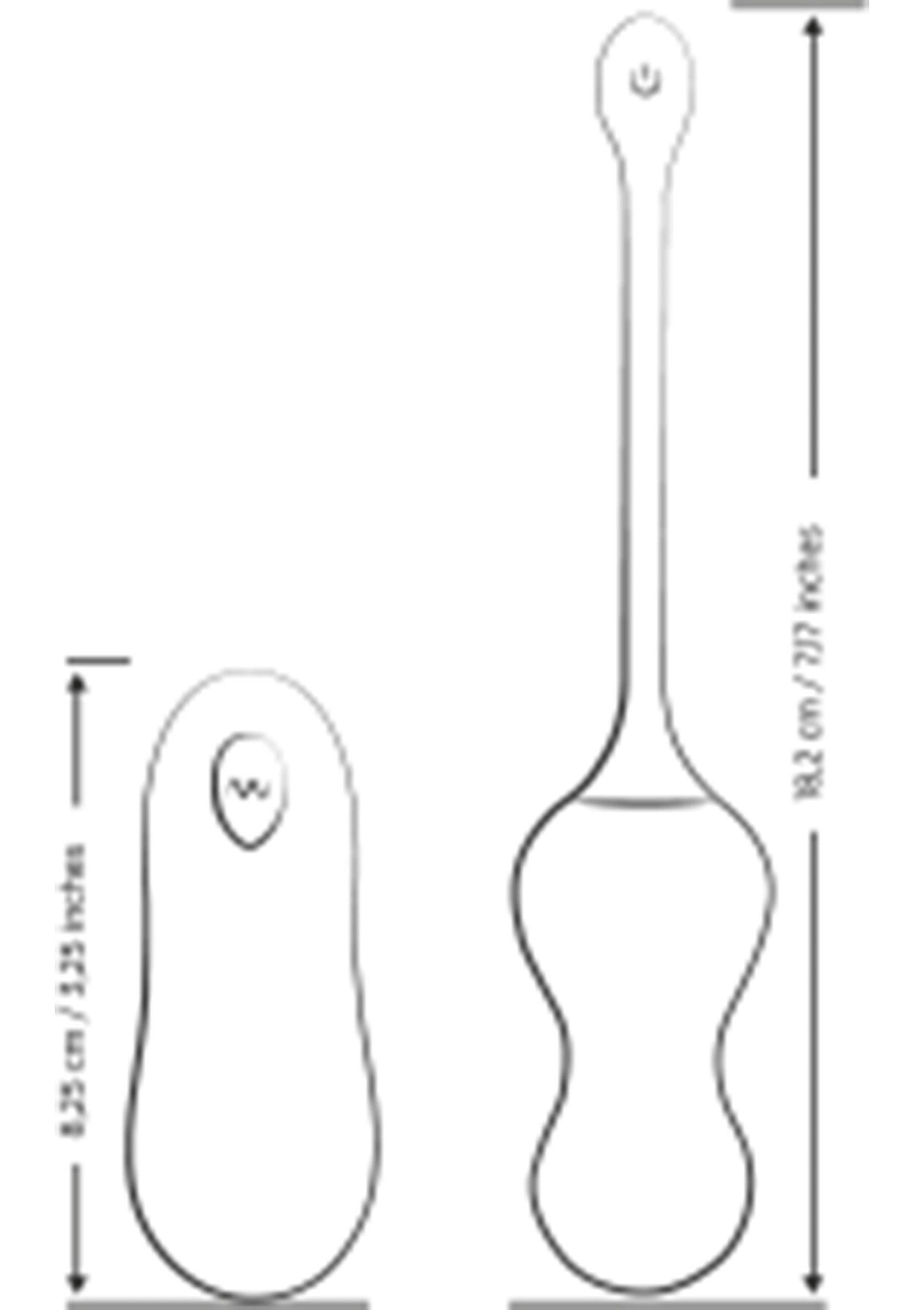 Schéma d'un masseur de point G avec télécommande, affichant les dimensions pour référence.; Diagram van een G-spot stimulator met afstandsbediening, met afmetingen ter referentie.; Diagram of a G-spot massager with remote, showing dimensions for reference.