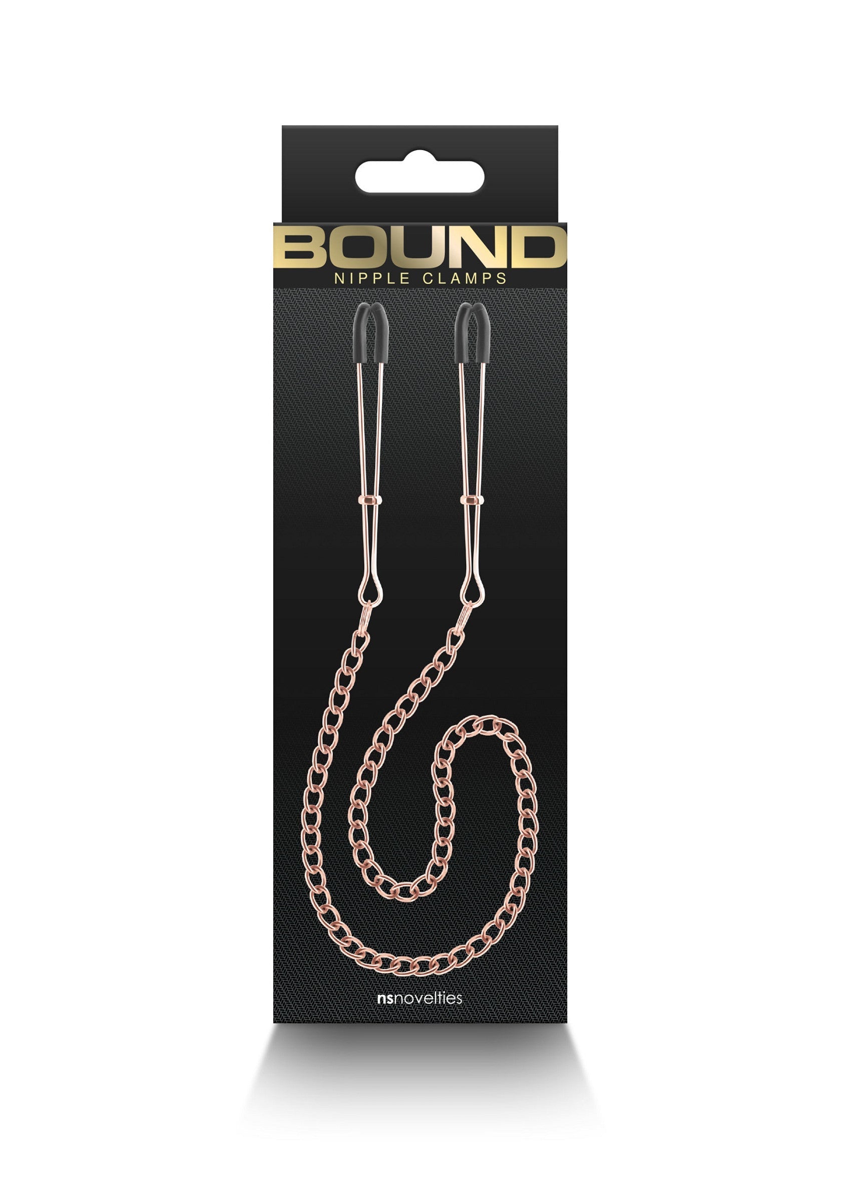 Pince-tétons Bound avec chaîne, pour une stimulation sensuelle et des jeux de domination.; Bound tepelklemmen met ketting, voor sensuele stimulatie en dominantiespelletjes.; Bound Nipple Clamps with chain, for sensual stimulation and domination games.