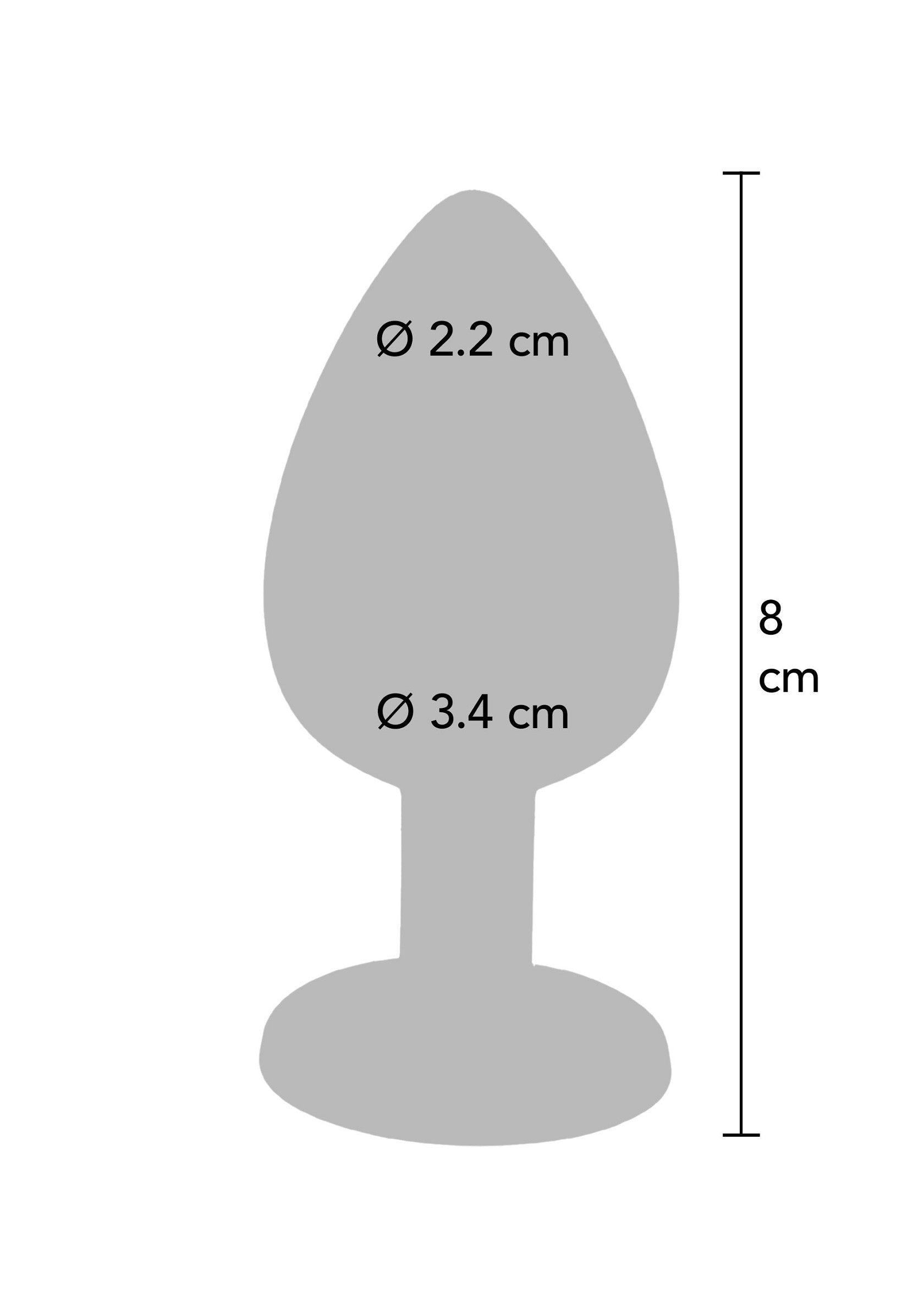 Schéma d'un plug anal avec dimensions (8cm de haut, diamètres 2.2cm et 3.4cm).; Diagram van een anale plug met afmetingen (8cm hoog, diameters 2.2cm en 3.4cm).; Diagram of an anal plug with dimensions (8cm tall, diameters 2.2cm and 3.4cm).