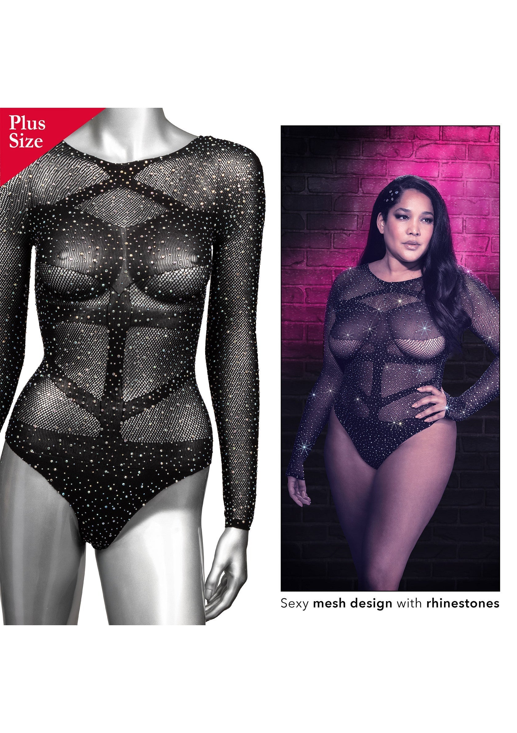 Body noir en maille sexy avec strass. Taille plus disponible.; Zwarte, sexy mesh bodysuit met strasssteentjes. Plus size beschikbaar.; Black, sexy mesh bodysuit with rhinestones. Plus size available.
