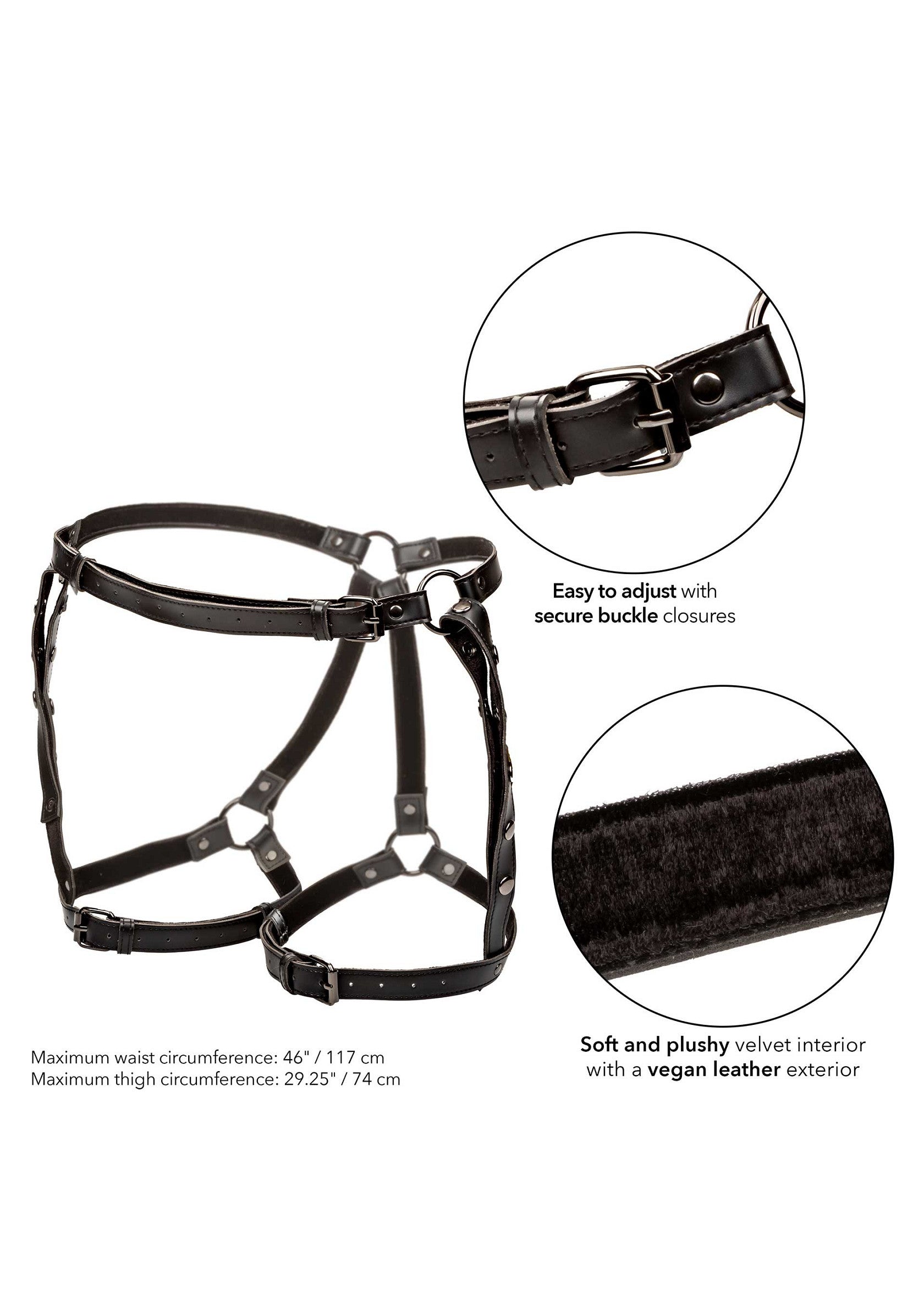 Harnais noir réglable en cuir vegan avec intérieur en velours doux.; Zwart verstelbaar harnas van veganistisch leer met zachte velours binnenkant.; Adjustable black vegan leather harness with soft, plush velvet interior.