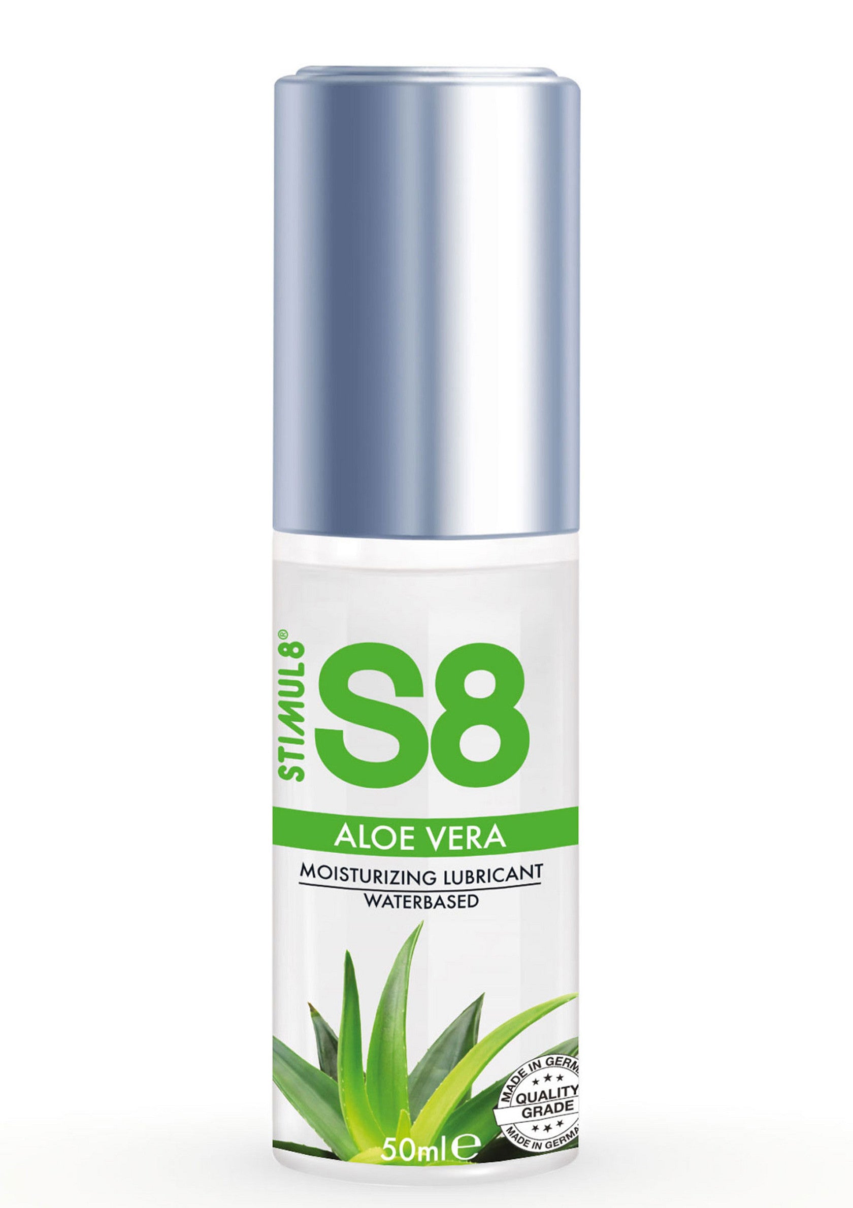 S8 Aloe Vera lubrifiant hydratant à base d'eau 50ml, pour une sensation naturelle et un confort optimal.; S8 Aloe Vera hydraterend glijmiddel op waterbasis 50ml, voor een natuurlijk gevoel en optimaal comfort.; S8 Aloe Vera Moisturizing Waterbased Lubricant 50ml, for a natural feel and optimal comfort.