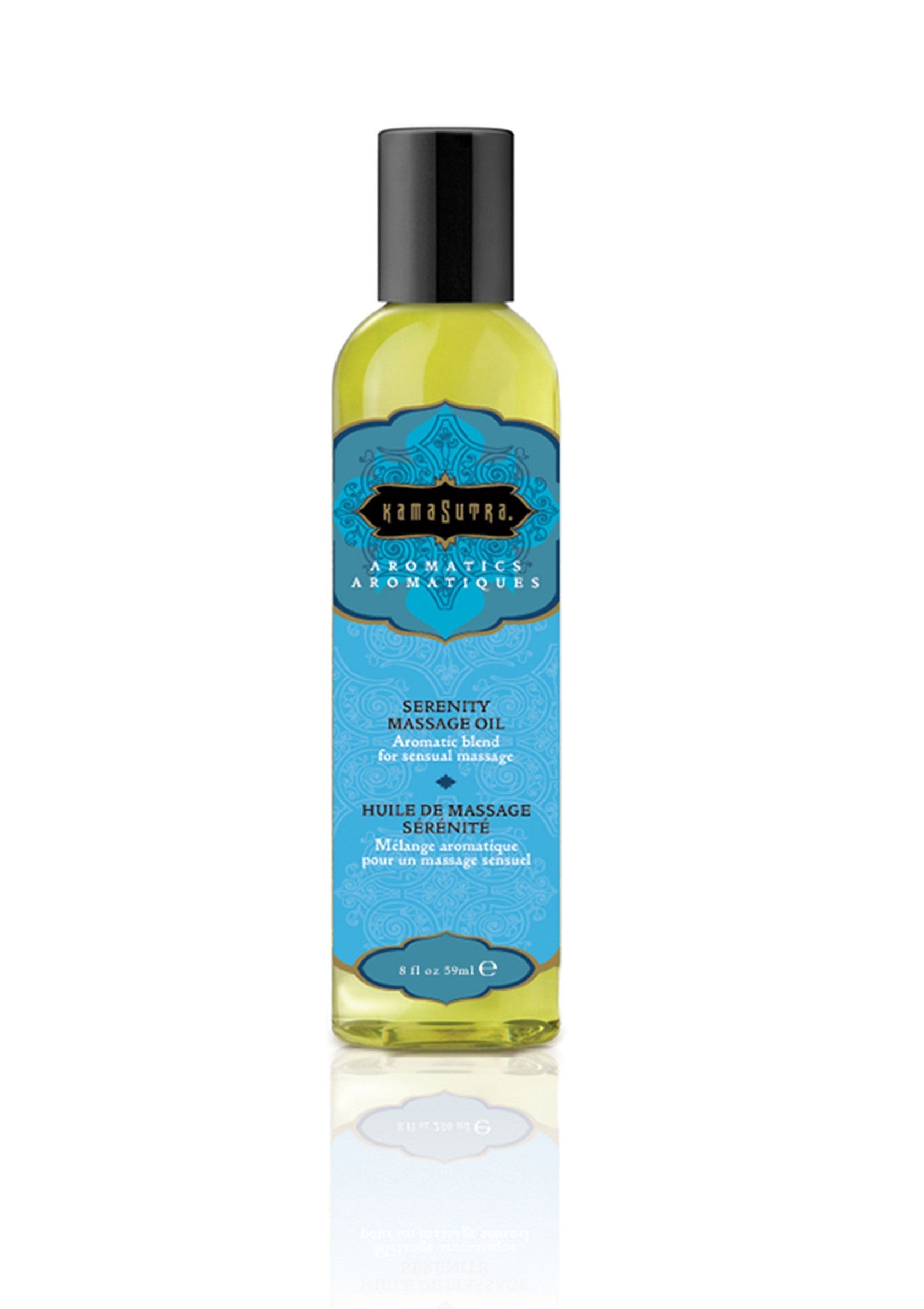 Huile de massage Serenity Kama Sutra. Mélange aromatique pour un massage sensuel et relaxant.; Kama Sutra Serenity massageolie. Aromatische blend voor sensuele massage. Ontspannend en verzachtend.; Kama Sutra Serenity massage oil. Aromatic blend for sensual massage. Relaxing and soothing.