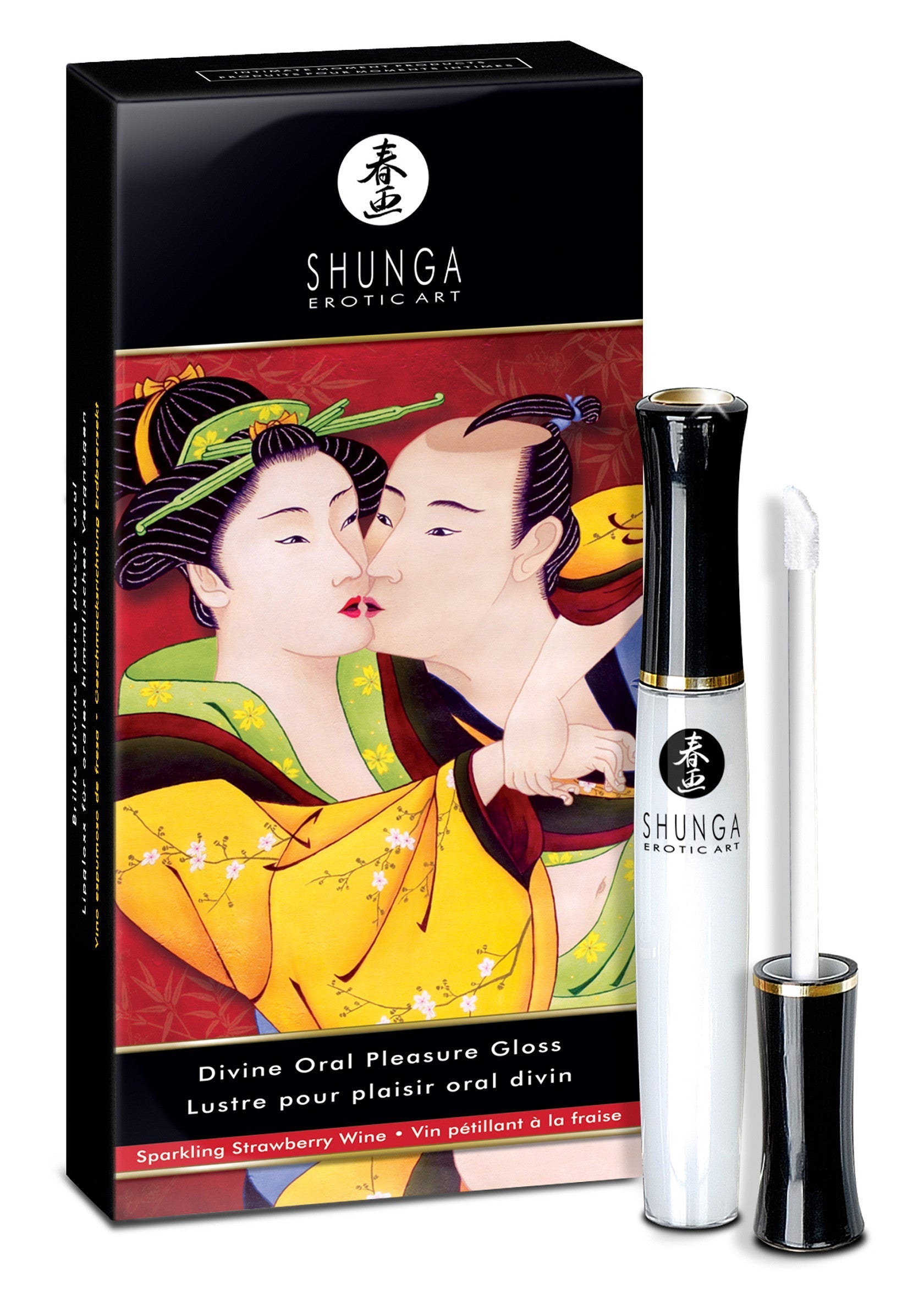 Shunga Divine Oral Pleasure Gloss Vin pétillant à la fraise. Un plaisir oral divin pour des moments coquins!; Shunga Divine Oral Pleasure Gloss met sprankelende aardbeiensmaak. Verwen je partner met deze gloss voor orale geneugten.; Shunga Divine Oral Pleasure Gloss Sparkling Strawberry Wine. Enhance oral pleasure with this flavored gloss!