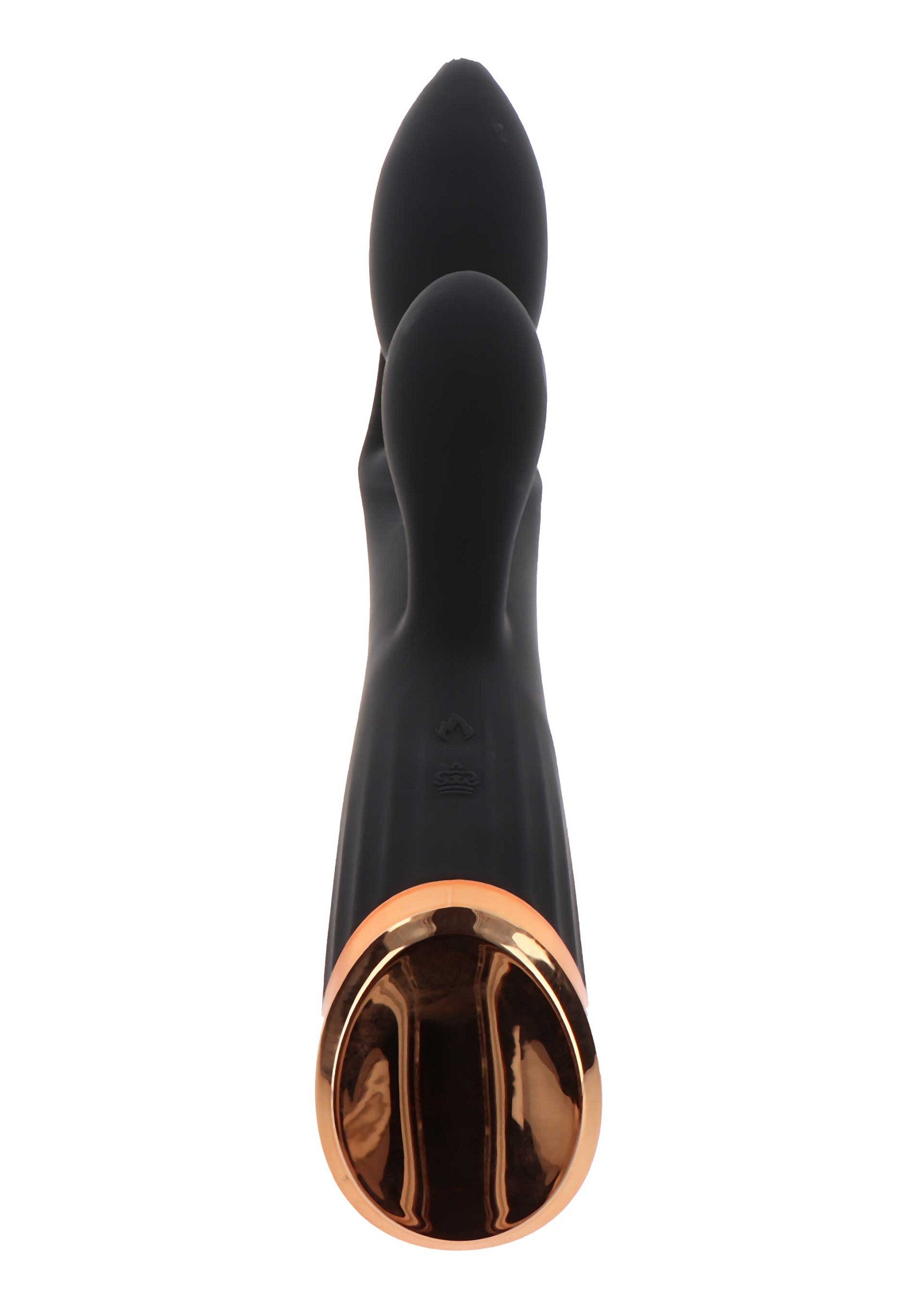 Vibromasseur double noir avec détail doré pour le plaisir intime.; Zwarte dubbele vibrator met gouden accenten voor intiem plezier.; Black double vibrator with gold accents for intimate pleasure.