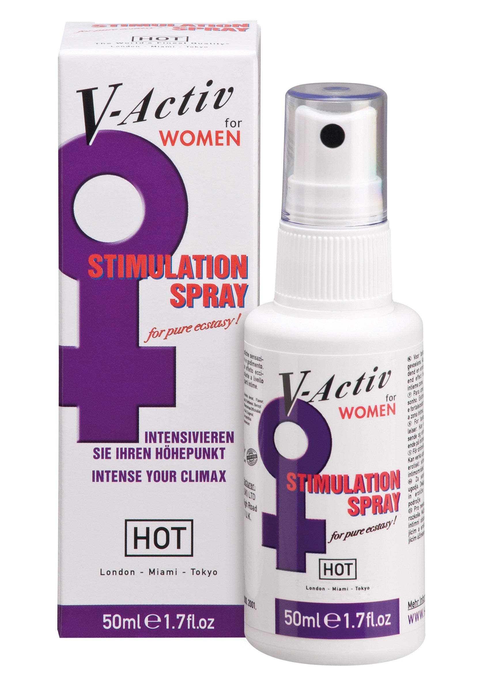 Spray stimulant V-Activ pour femmes. Intensifie le plaisir et l'extase. Formule HOT pour une expérience intense. 50ml.; V-Activ stimulerende spray voor vrouwen. Intensifieert plezier en extase. HOT formule voor een intense ervaring. 50ml.; V-Activ stimulation spray for women. Intensifies pleasure and ecstasy. HOT formula for an intense experience. 50ml.