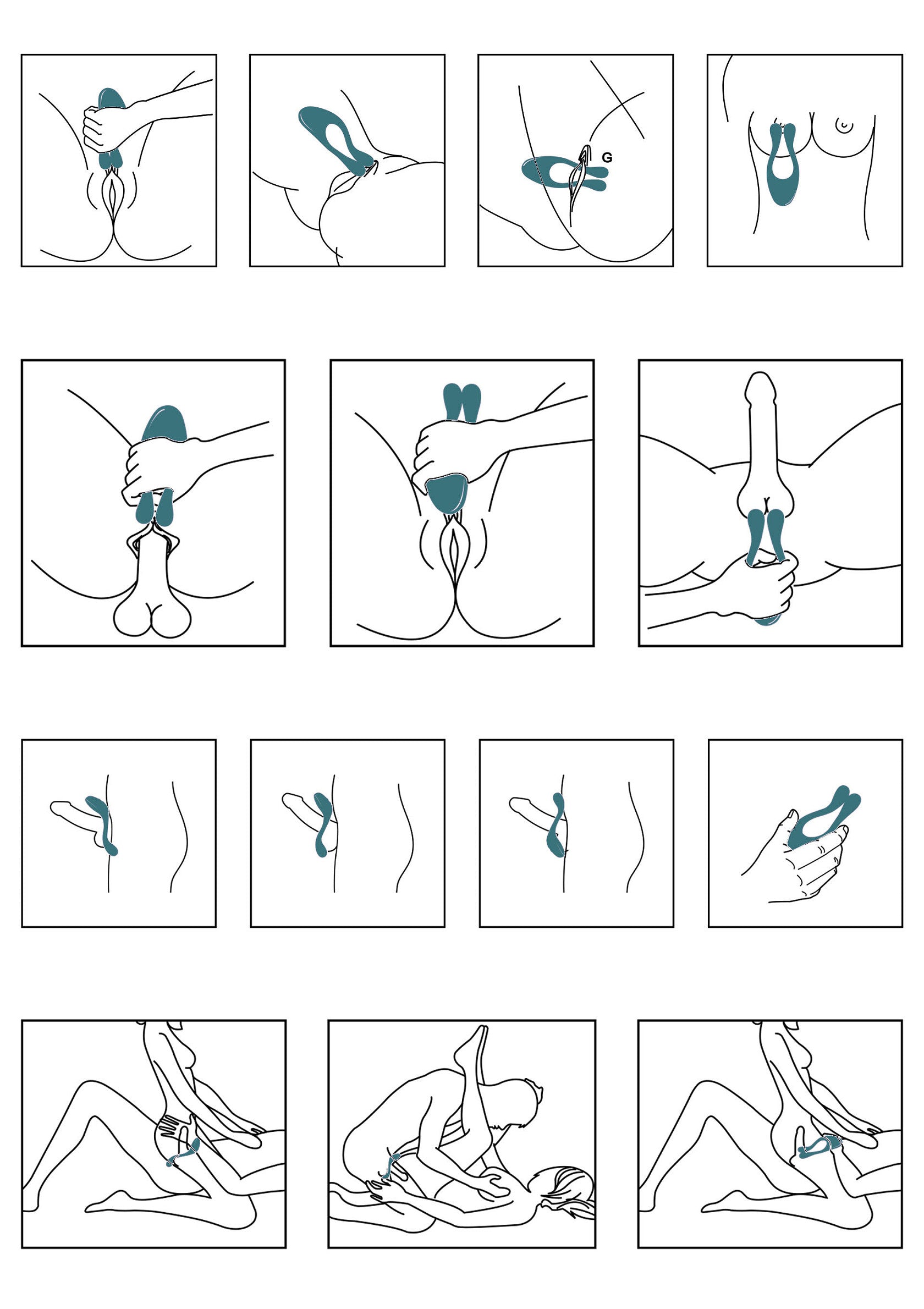 Schémas d'utilisation d'un sextoy pour adultes, diverses positions et zones érogènes.; Schematische illustraties van het gebruik van een seksspeeltje voor volwassenen, verschillende posities en erogene zones.; Schematic illustrations of adult sex toy use, various positions and erogenous zones.