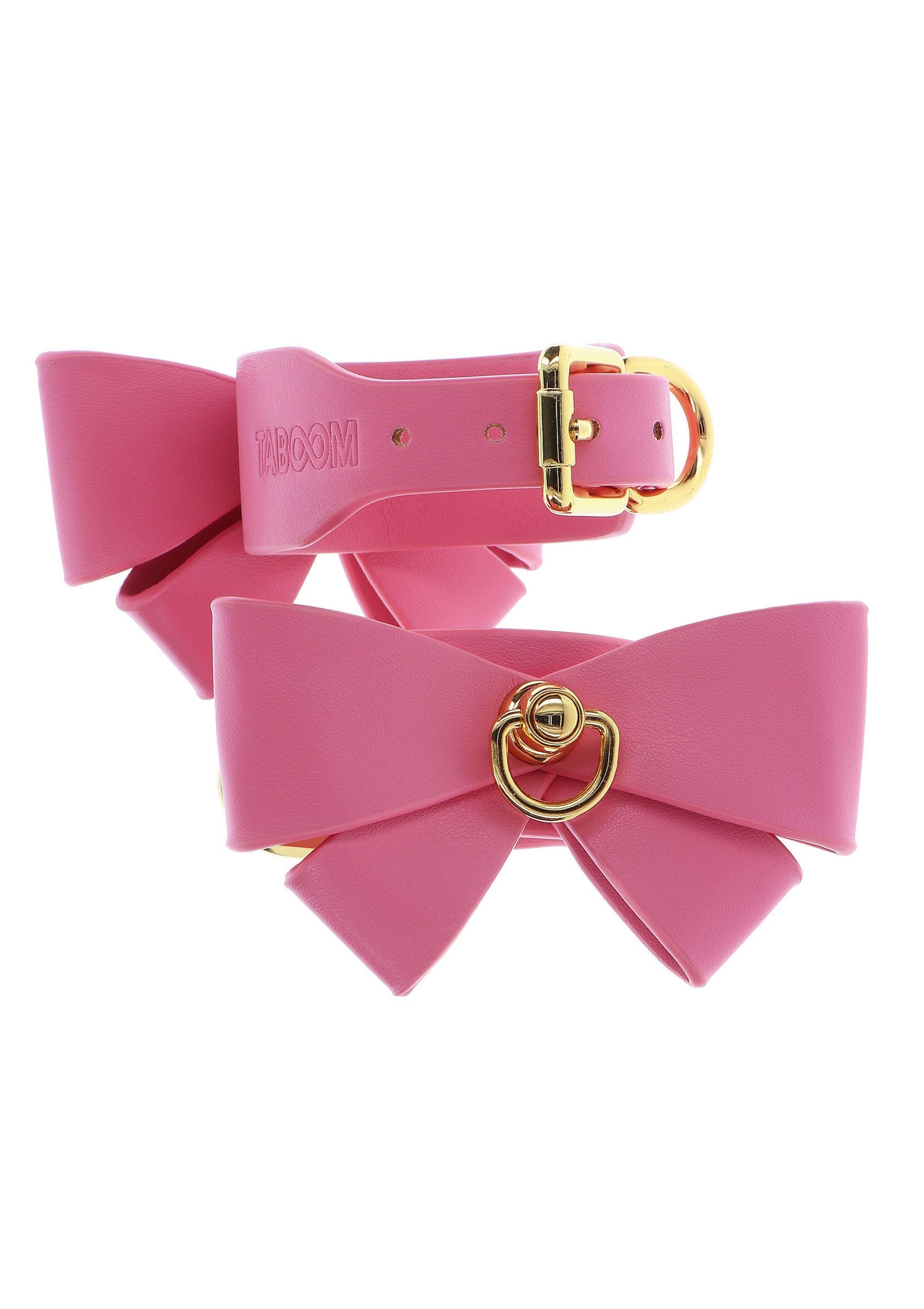 Accessoires roses à nœuds avec boucles dorées. Un accessoire de mode audacieux pour un look unique.; Roze strikaccessoires met gouden gespen. Een opvallend modeaccessoire voor een unieke look.; Pink bow accessories with gold buckles. A bold fashion accessory for a unique look.